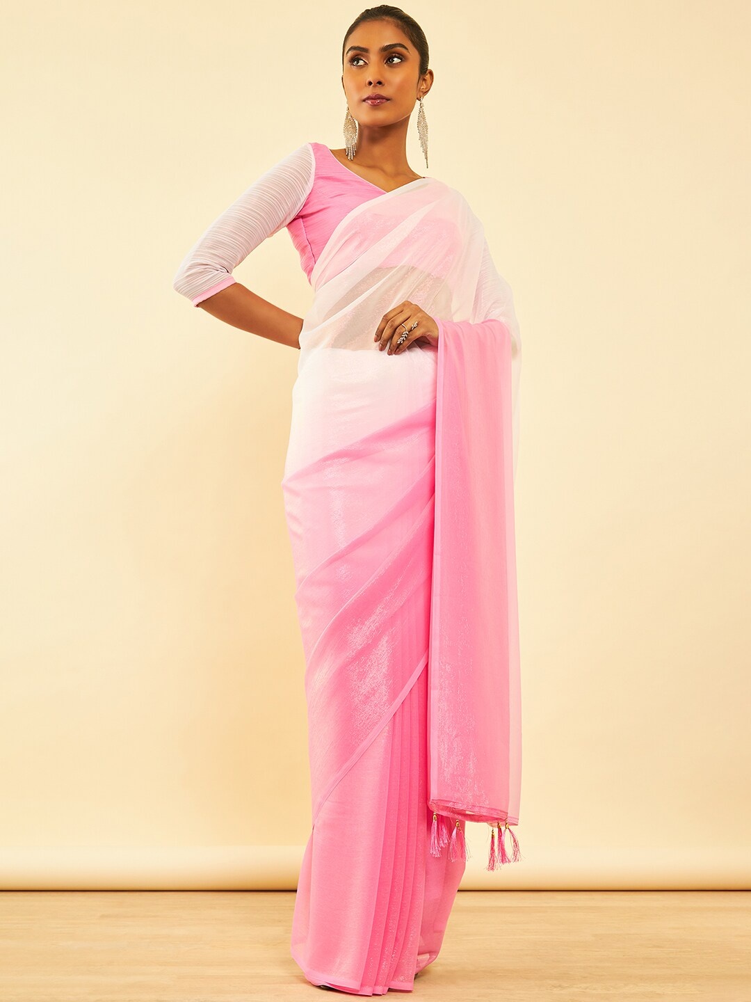 

Soch Embellished Pure Chiffon Fusion Saree With Tassels, Pink