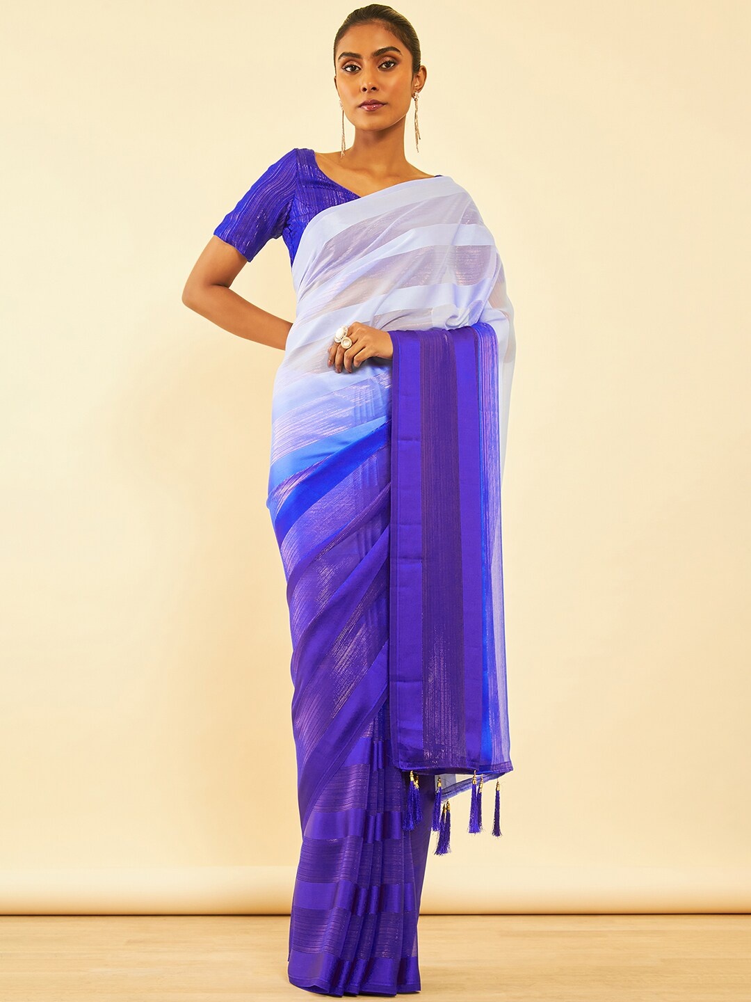 

Soch Striped Pure Chiffon Fusion Saree With Tassels, Blue