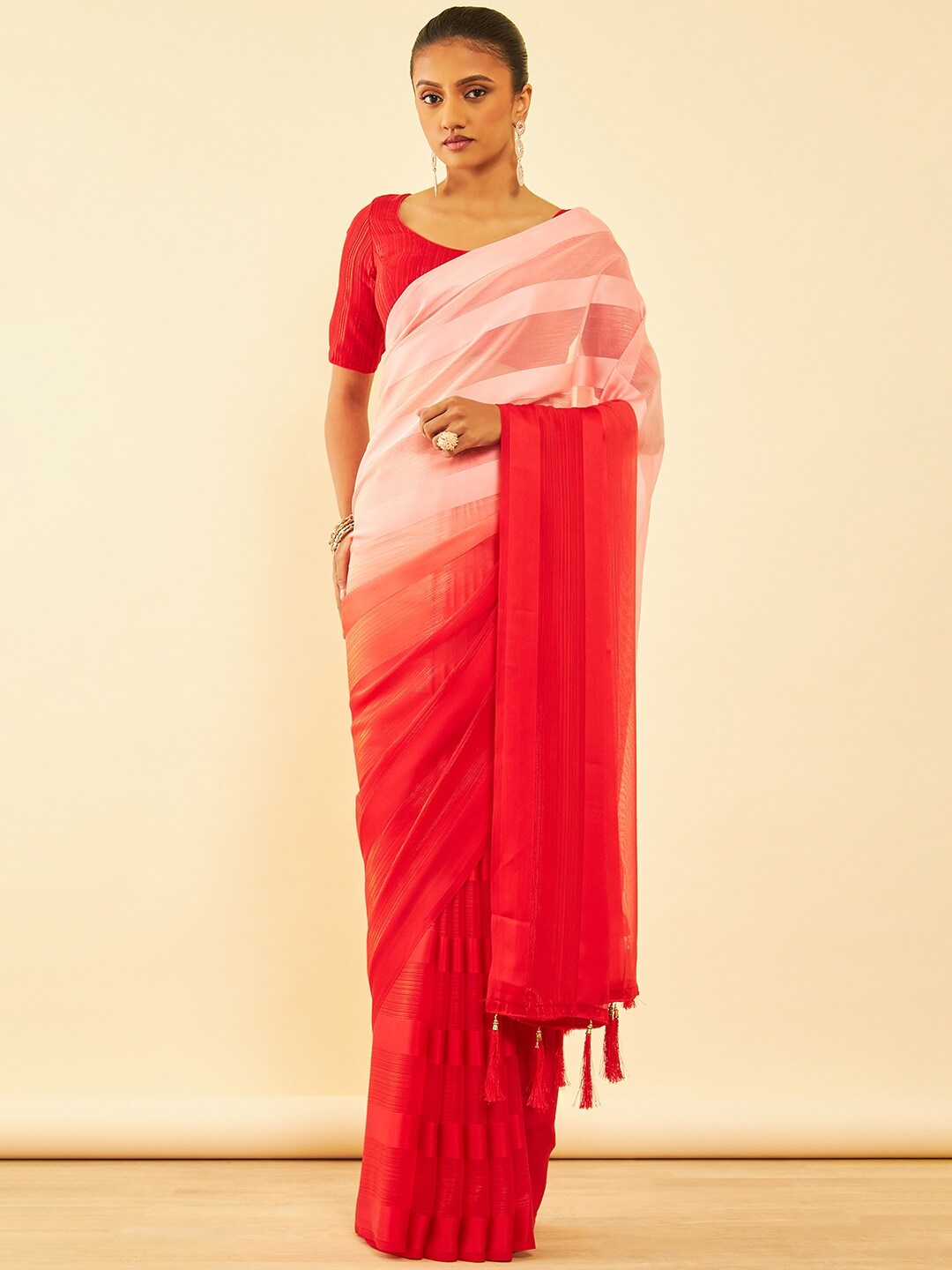 

Soch Striped Pure Chiffon Fusion Saree With Tassels, Red