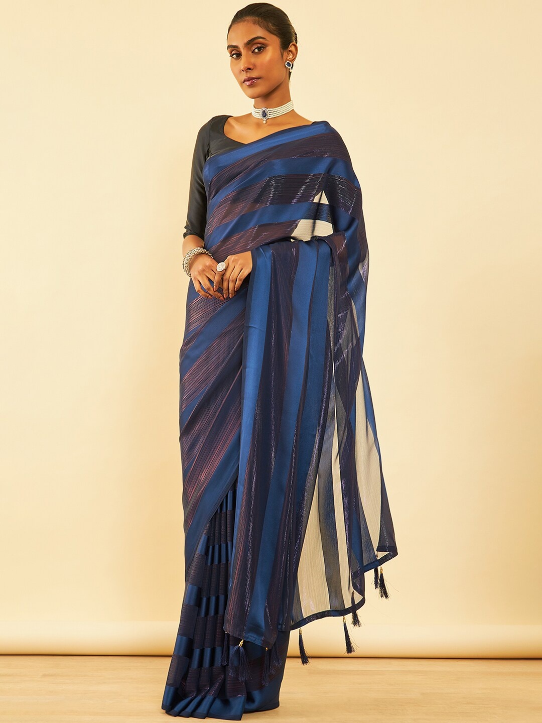 

Soch Striped Pure Chiffon Fusion Saree With Tassels, Navy blue
