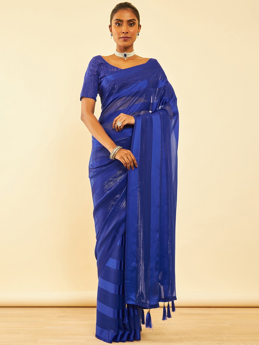 

Soch Striped Pure Chiffon Fusion Saree With Tassels, Blue