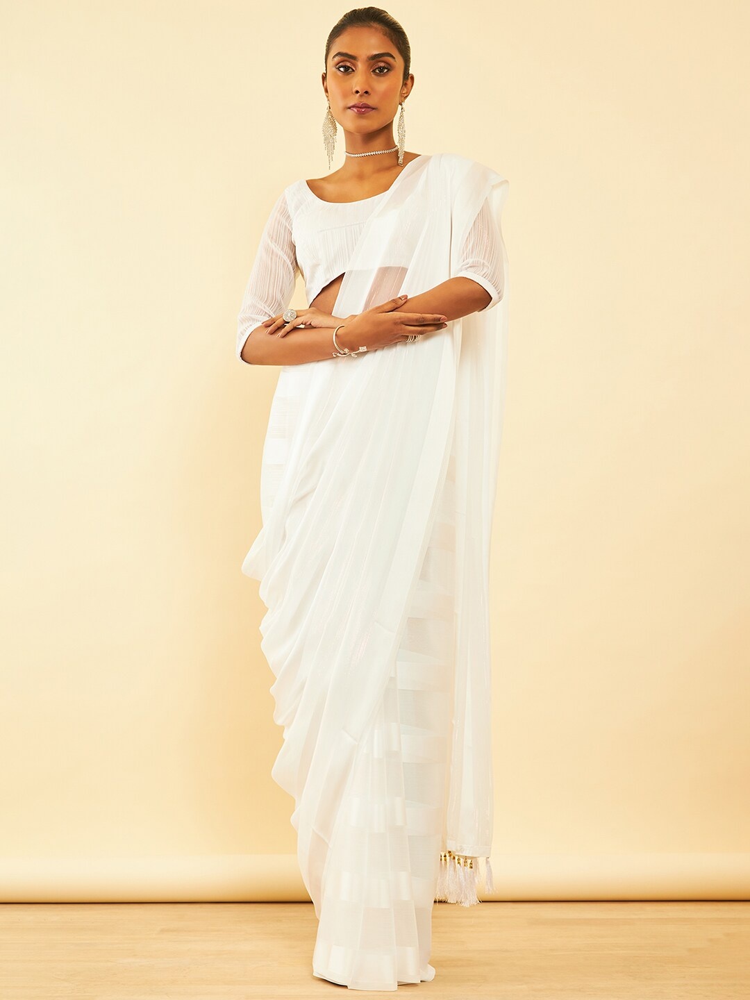 

Soch Striped Pure Chiffon Fusion Saree, White