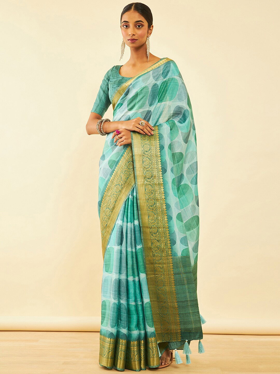 

Soch Geometric Print Saree With Tassels With Tassels, Green