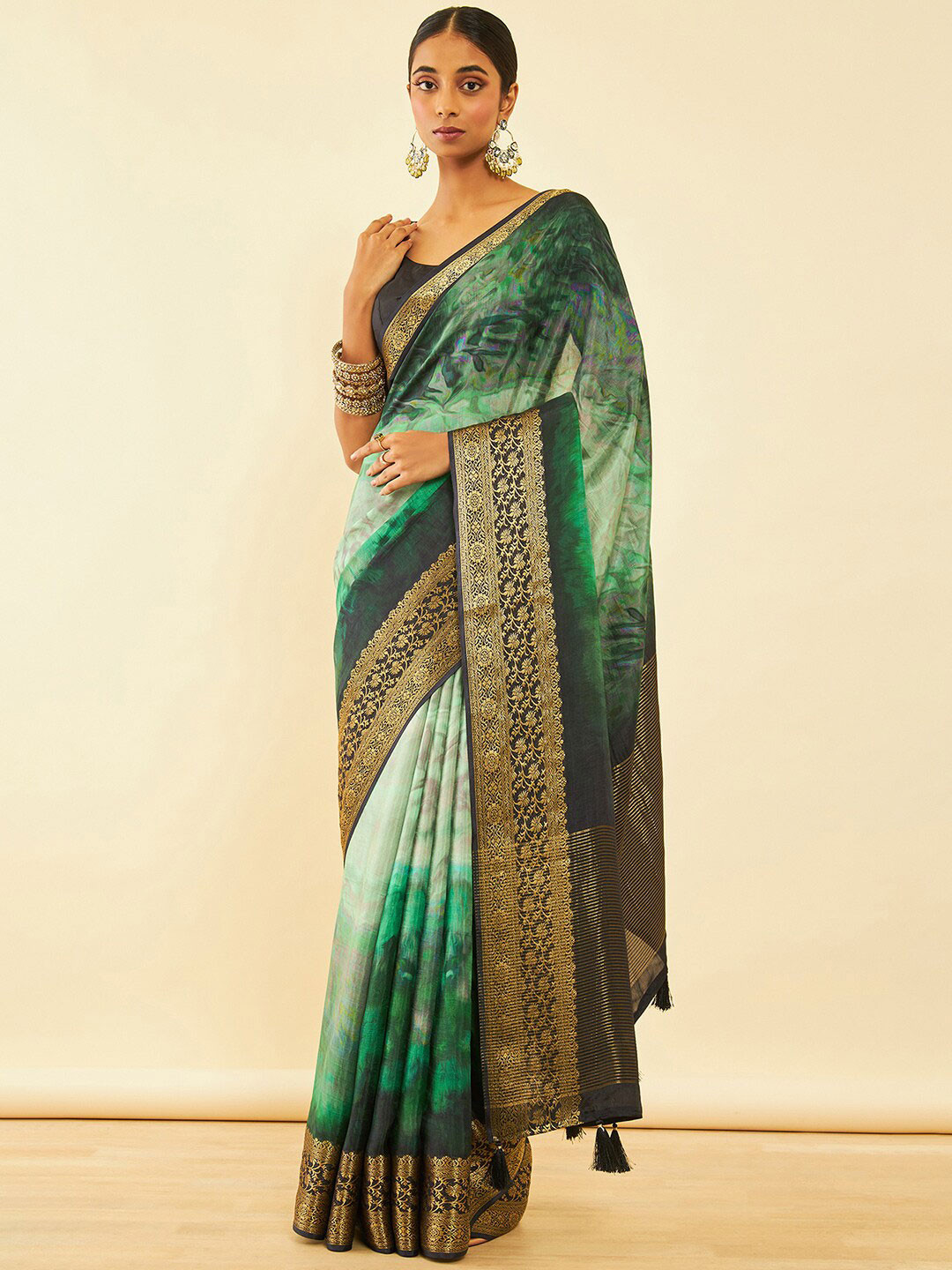 

Soch Abstract Print Saree With Tassels With Tassels, Green