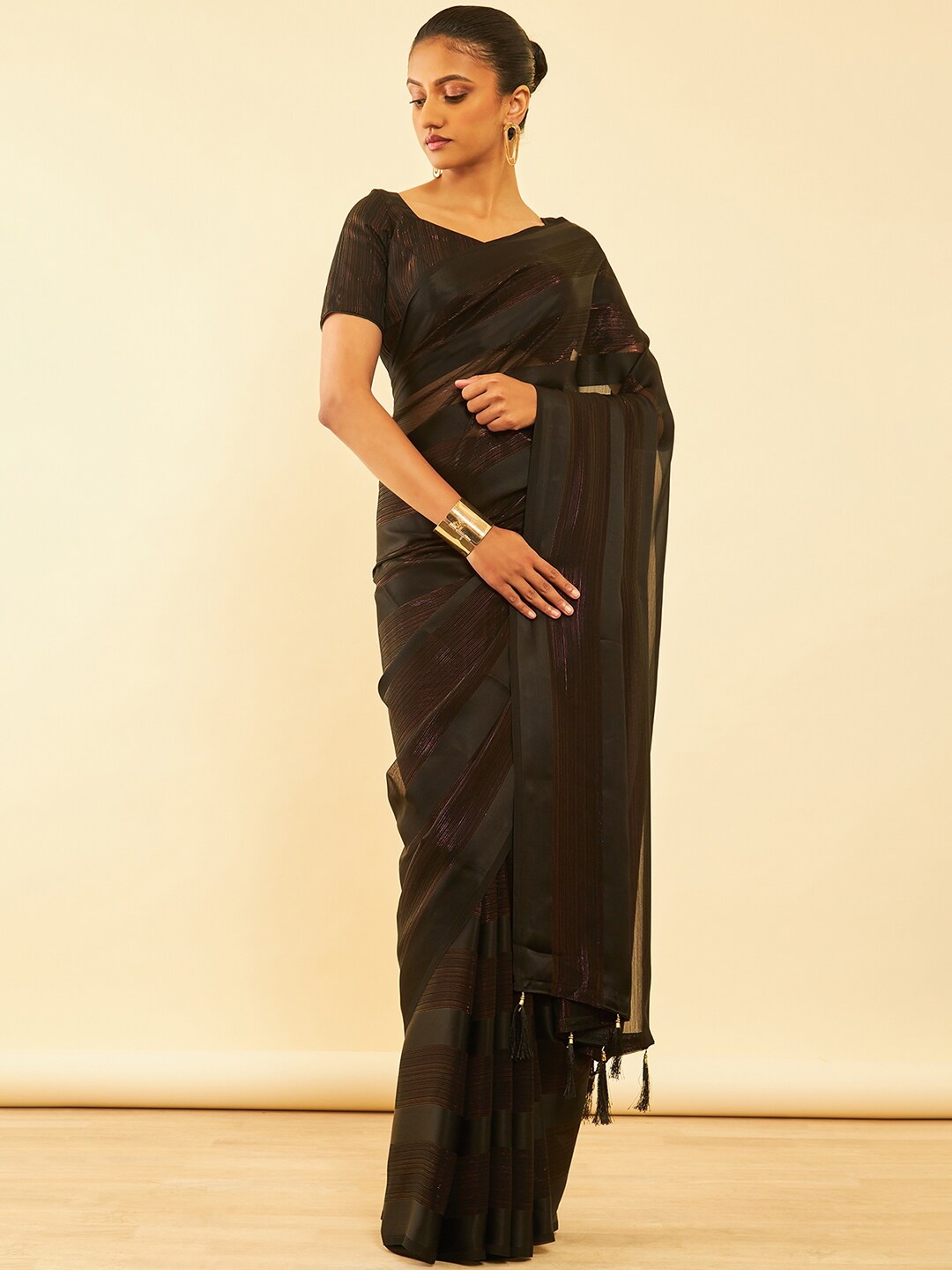 

Soch Black Striped Pure Chiffon Fusion Saree With Tassels