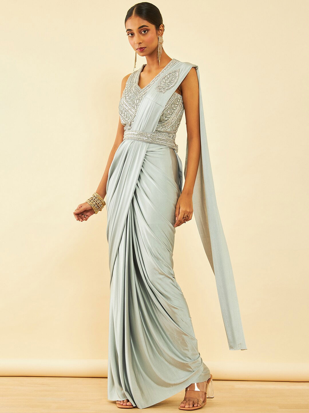

Soch Embellished Beads and Stones Ready to Wear Saree, Grey