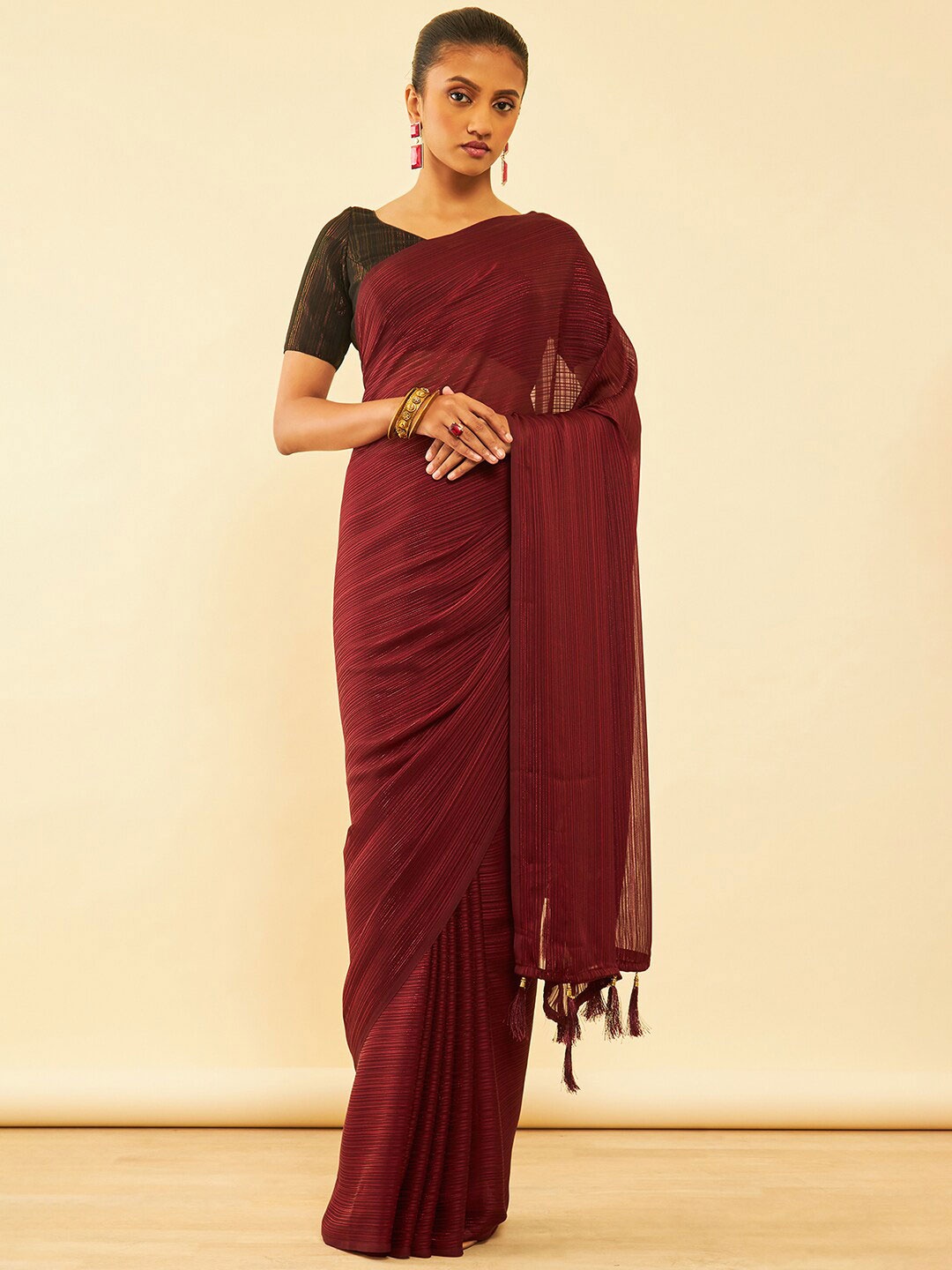 

Soch Maroon Striped Pure Chiffon Saree