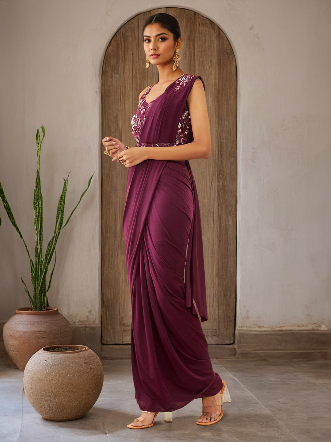 

Soch Beads and Stones Embellished Ready to Wear Saree, Burgundy