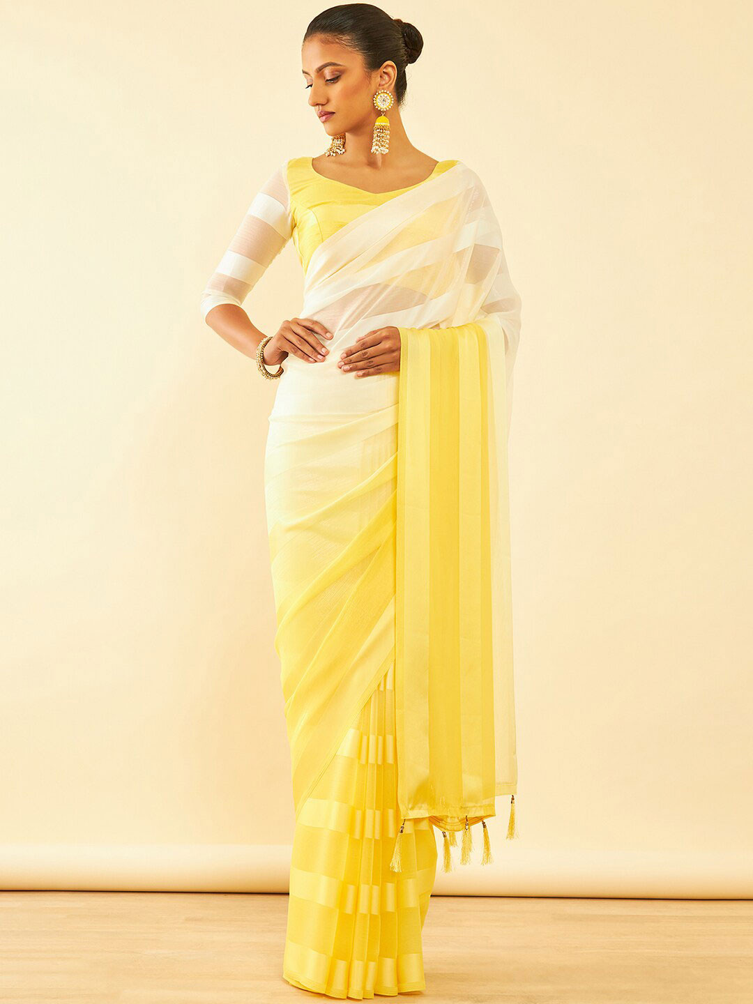

Soch Striped Pure Chiffon Fusion Saree, Yellow
