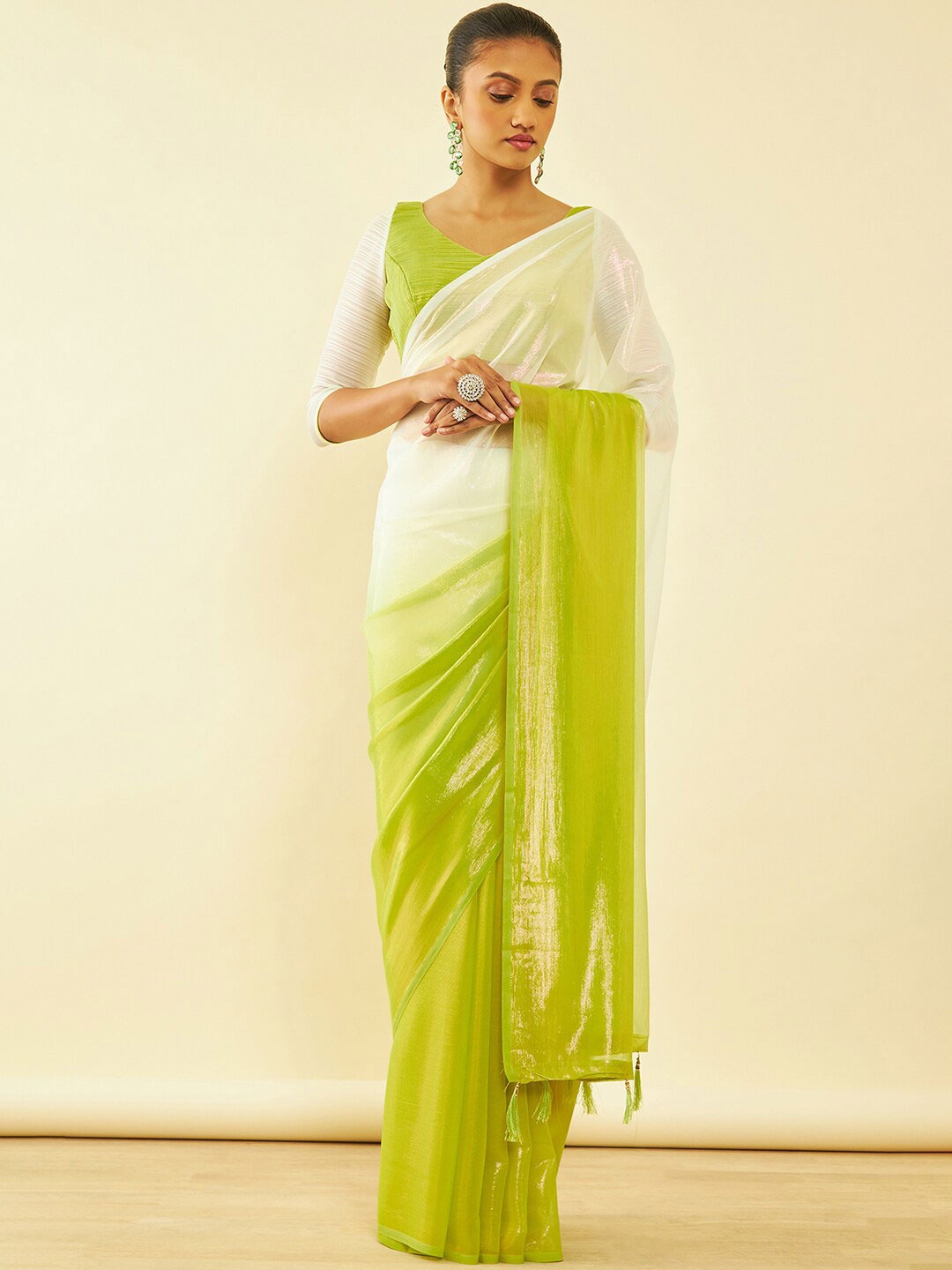 

Soch Embellished Pure Chiffon Fusion Saree With Tassels, Green