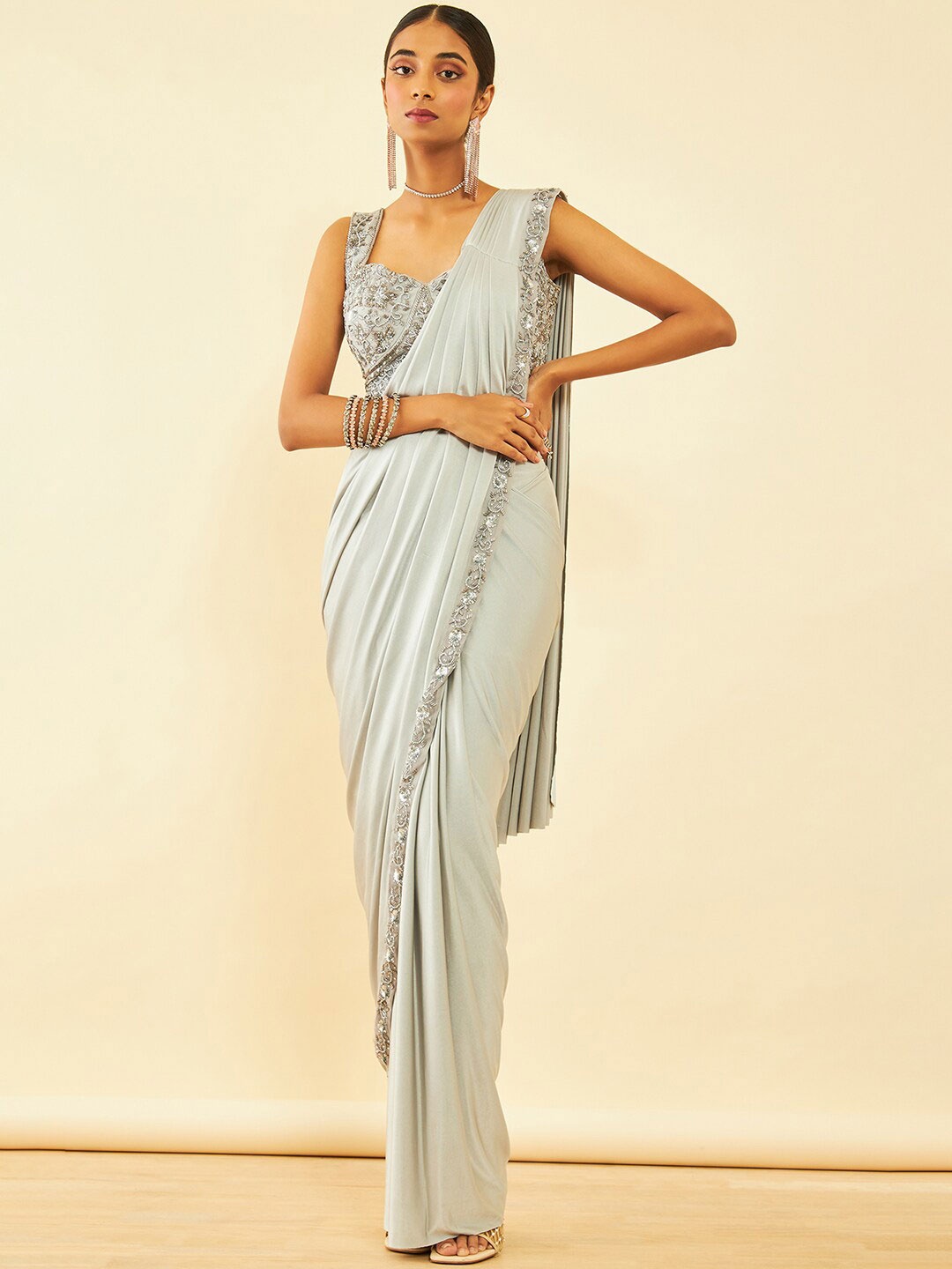 

Soch Embellished Beads and Stones Ready to Wear Saree, Grey