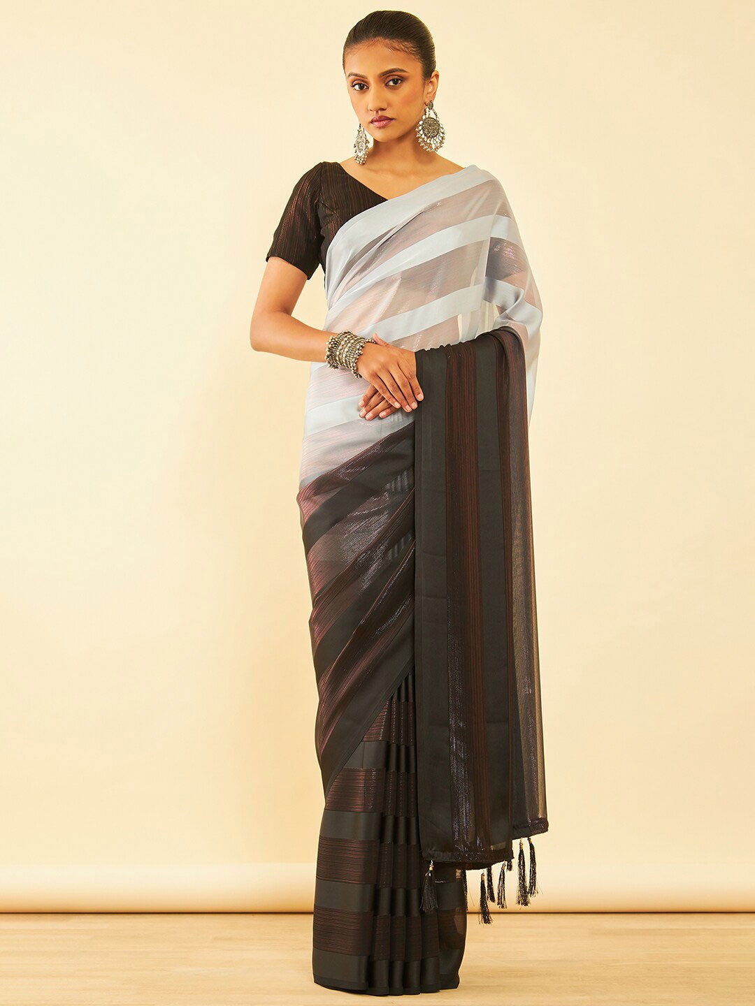 

Soch Striped Pure Chiffon Fusion Saree With Tassels, Black
