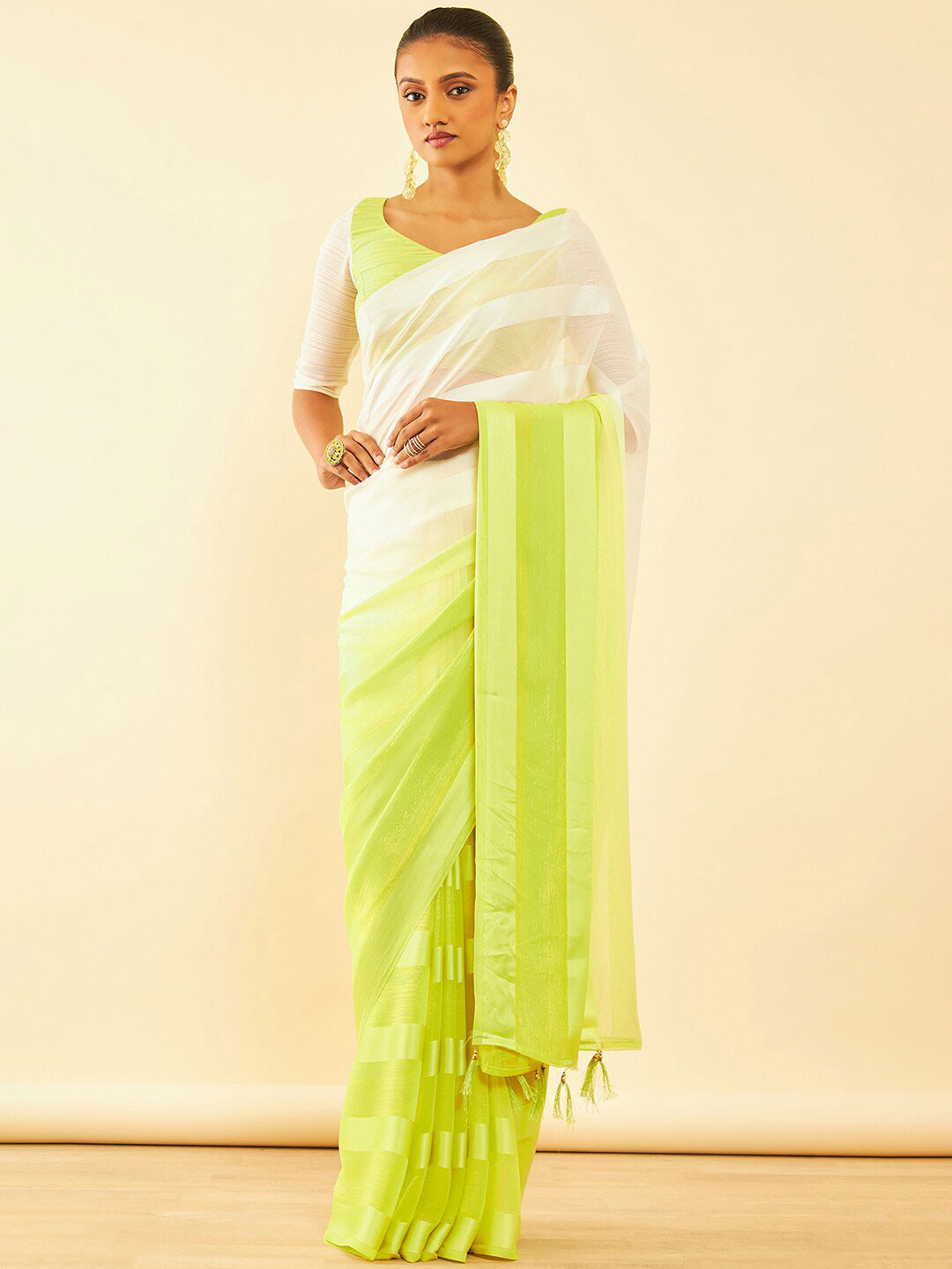 

Soch Striped Pure Chiffon Fusion Saree, Green