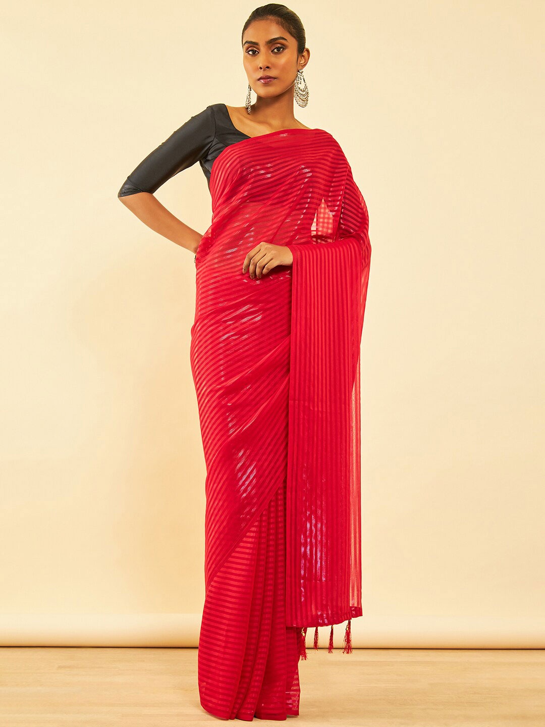 

Soch Red Striped Pure Chiffon Saree