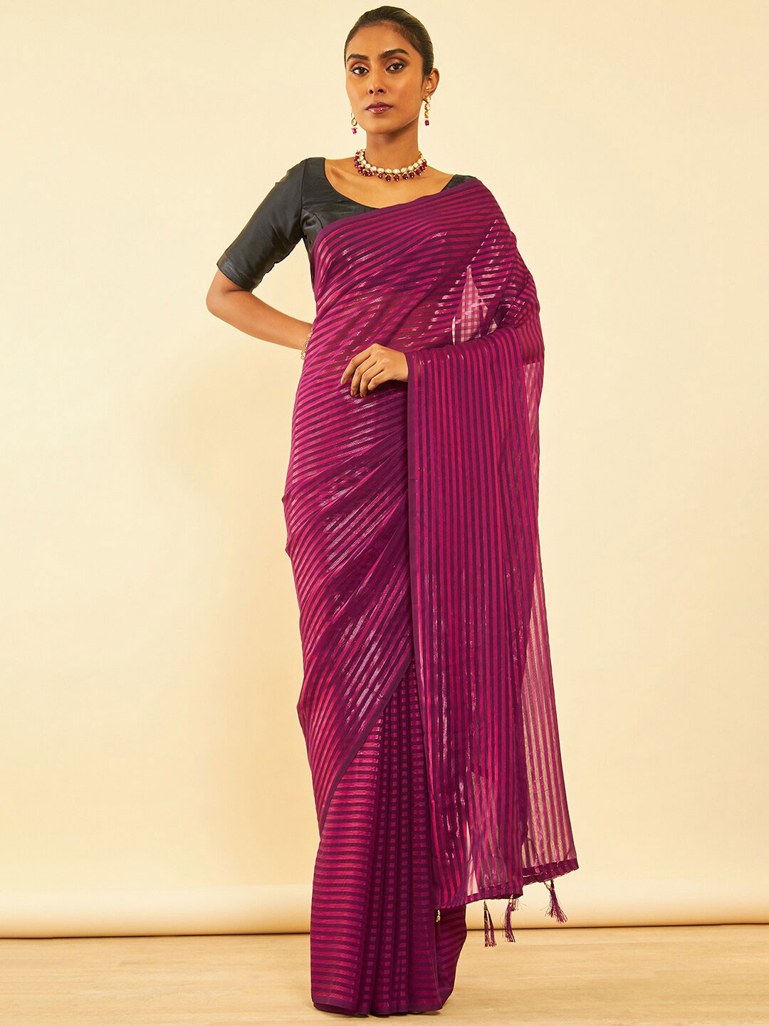

Soch Maroon Striped Pure Chiffon Saree, Burgundy
