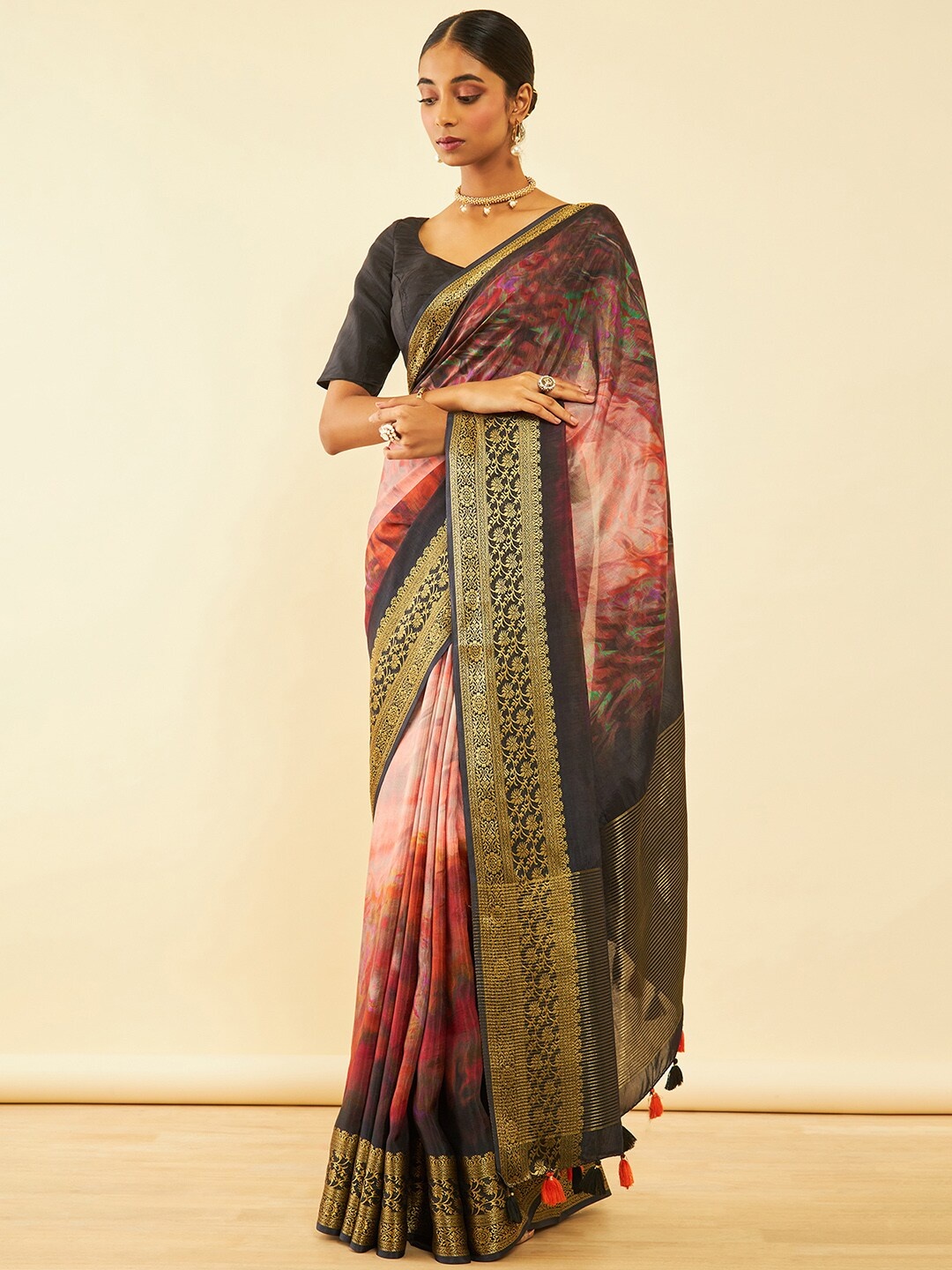 

Soch Abstract Print Saree With Tassels With Tassels, Maroon