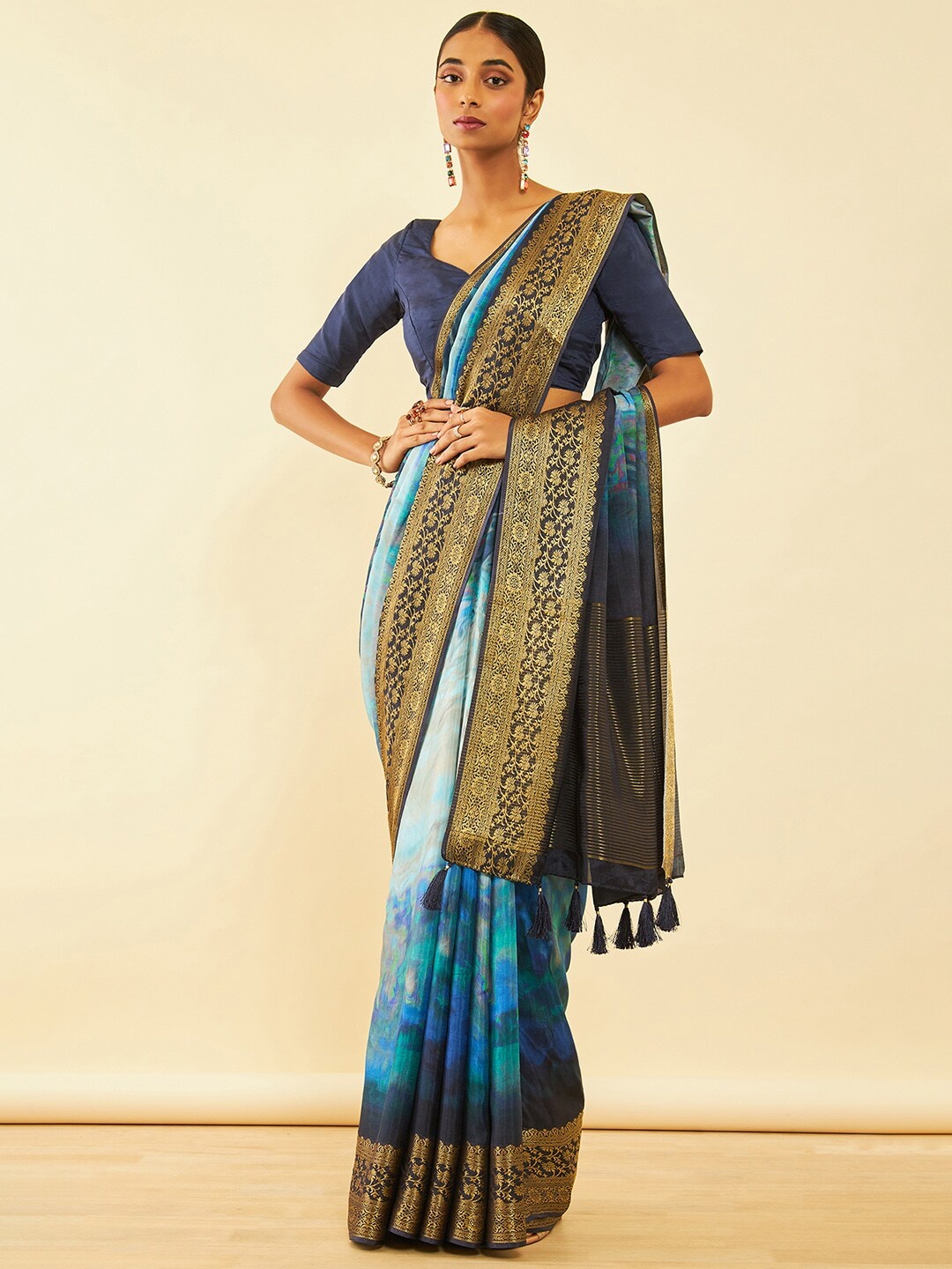 

Soch Woven Design Floral Printed Tussar Saree, Blue