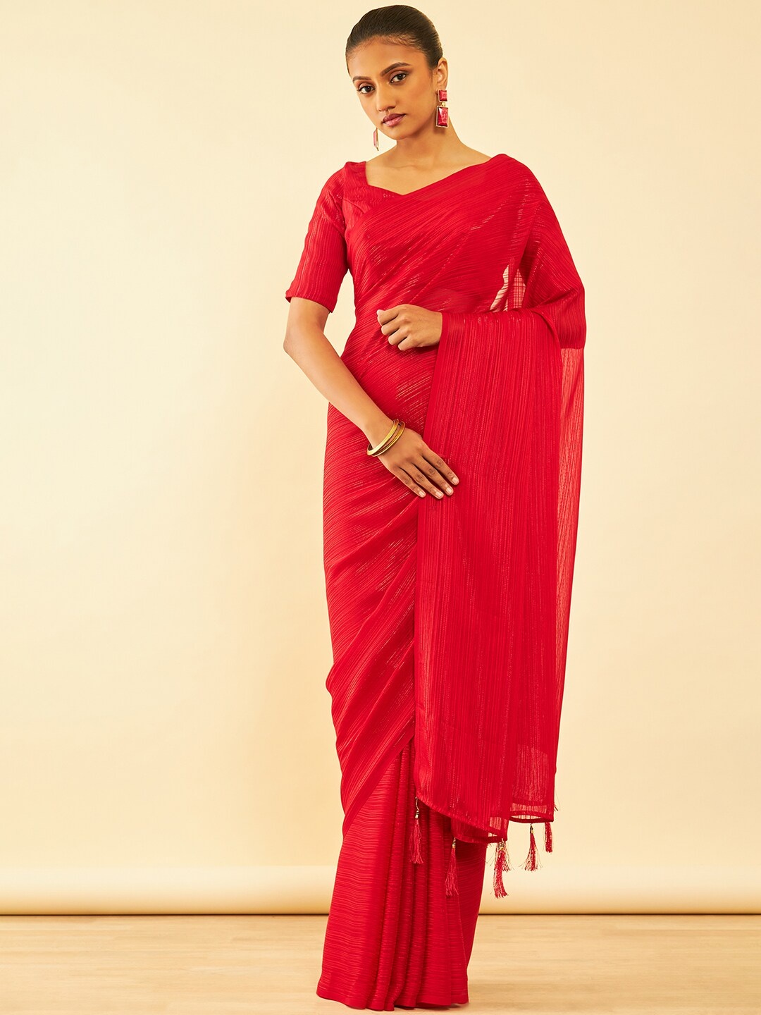 

Soch Embellished Pure Chiffon Fusion Saree With Tassels, Red