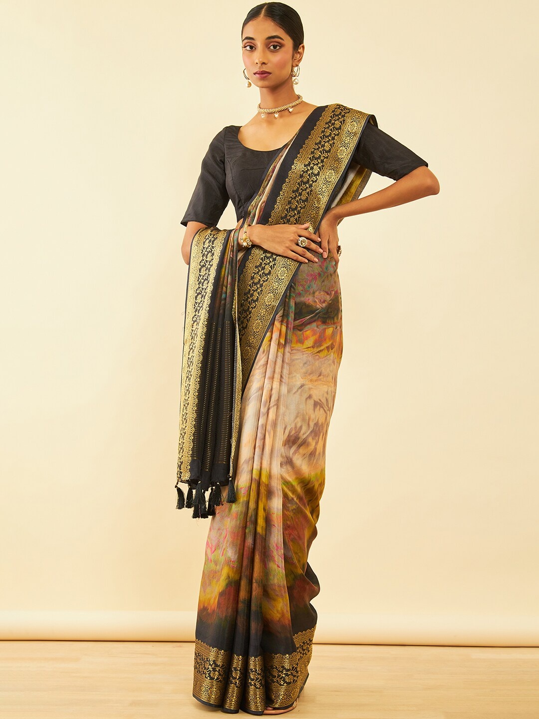 

Soch Abstract Print Saree With Tassels, Brown