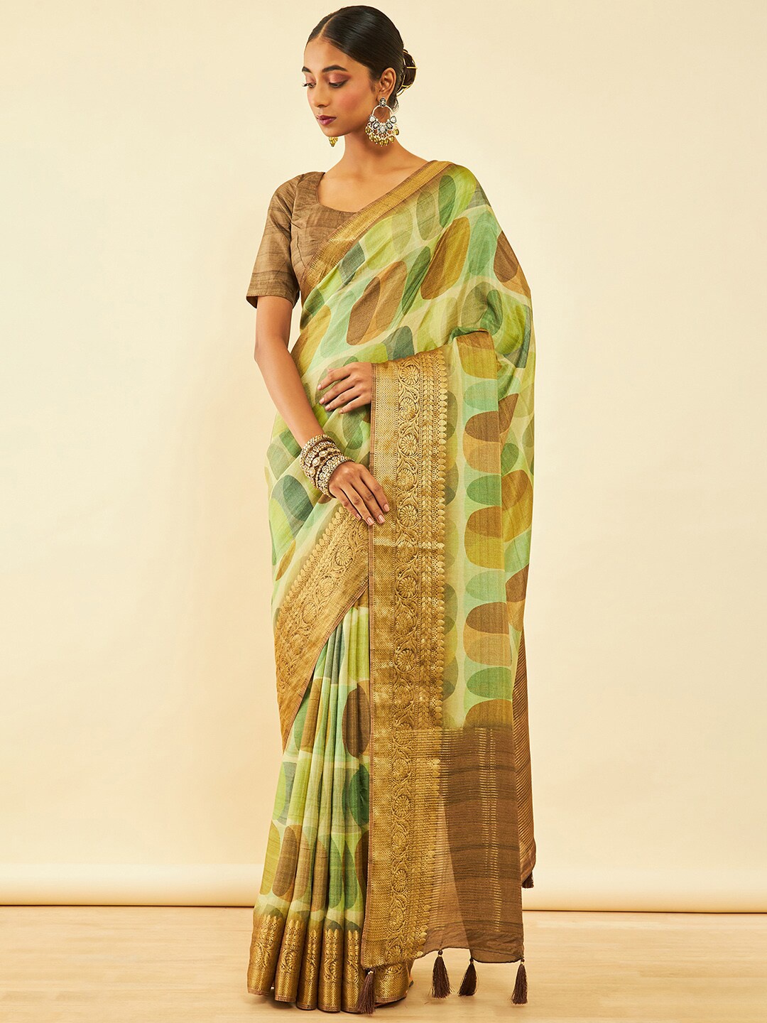 

Soch Green Geometric Woven Design Zari Tussar Saree