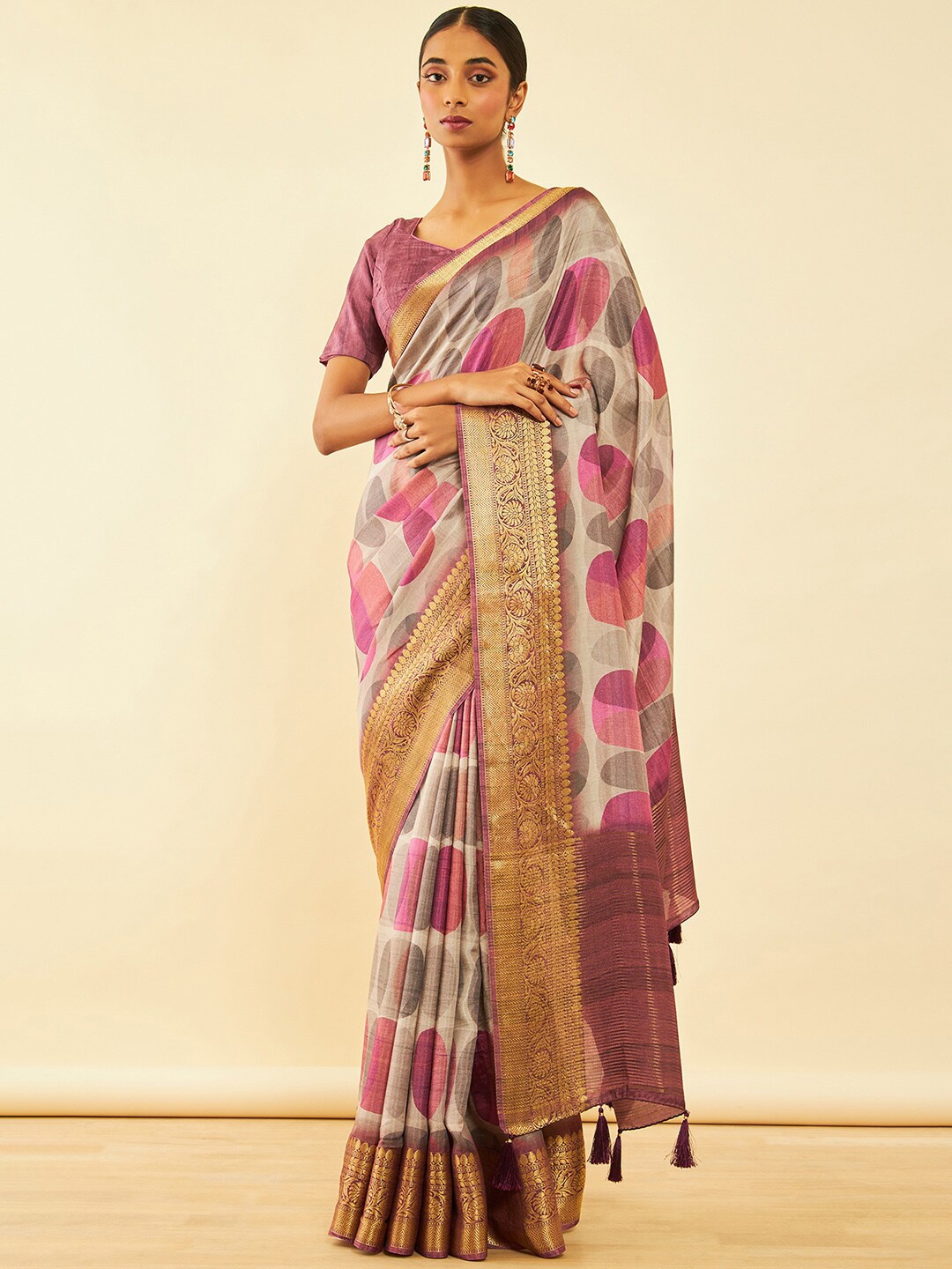 

Soch Geometric Printed Saree With Tassels, Pink