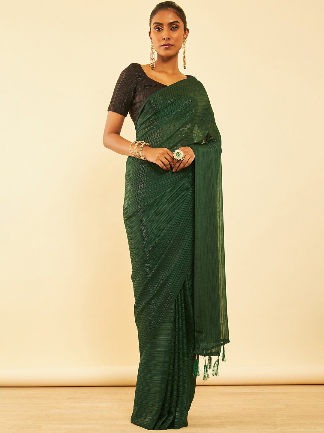 

Soch Green Embellished Pure Chiffon Fusion Saree With Tassels