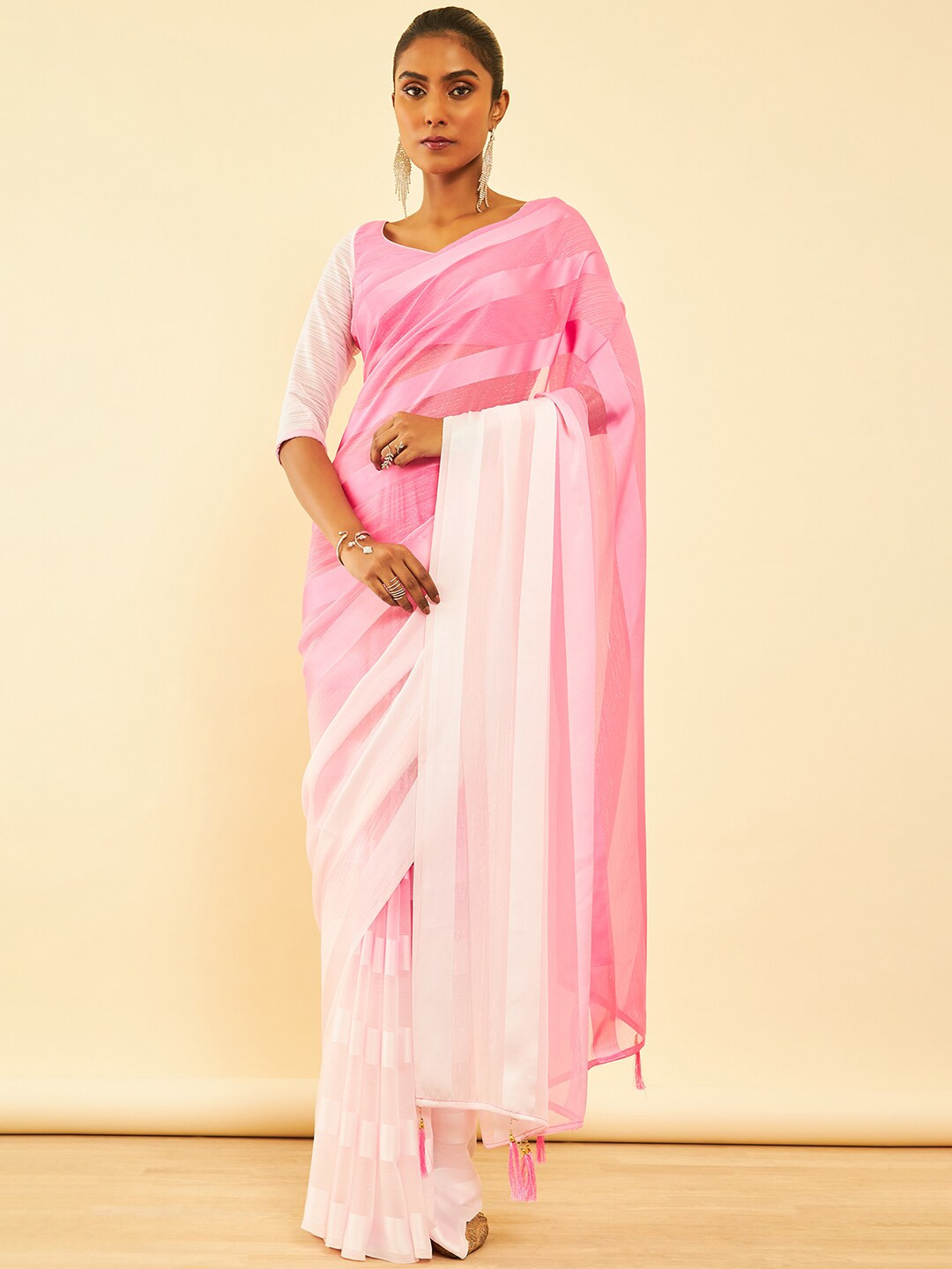 

Soch Striped Pure Chiffon Fusion Saree, Pink