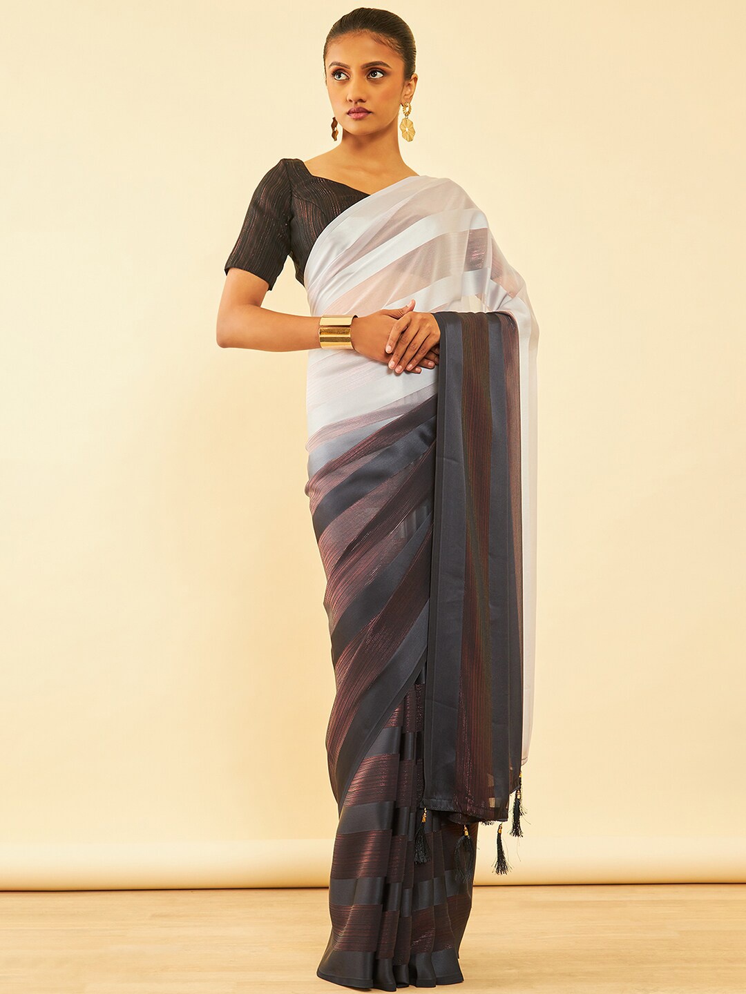 

Soch Striped Pure Chiffon Fusion Saree, Grey