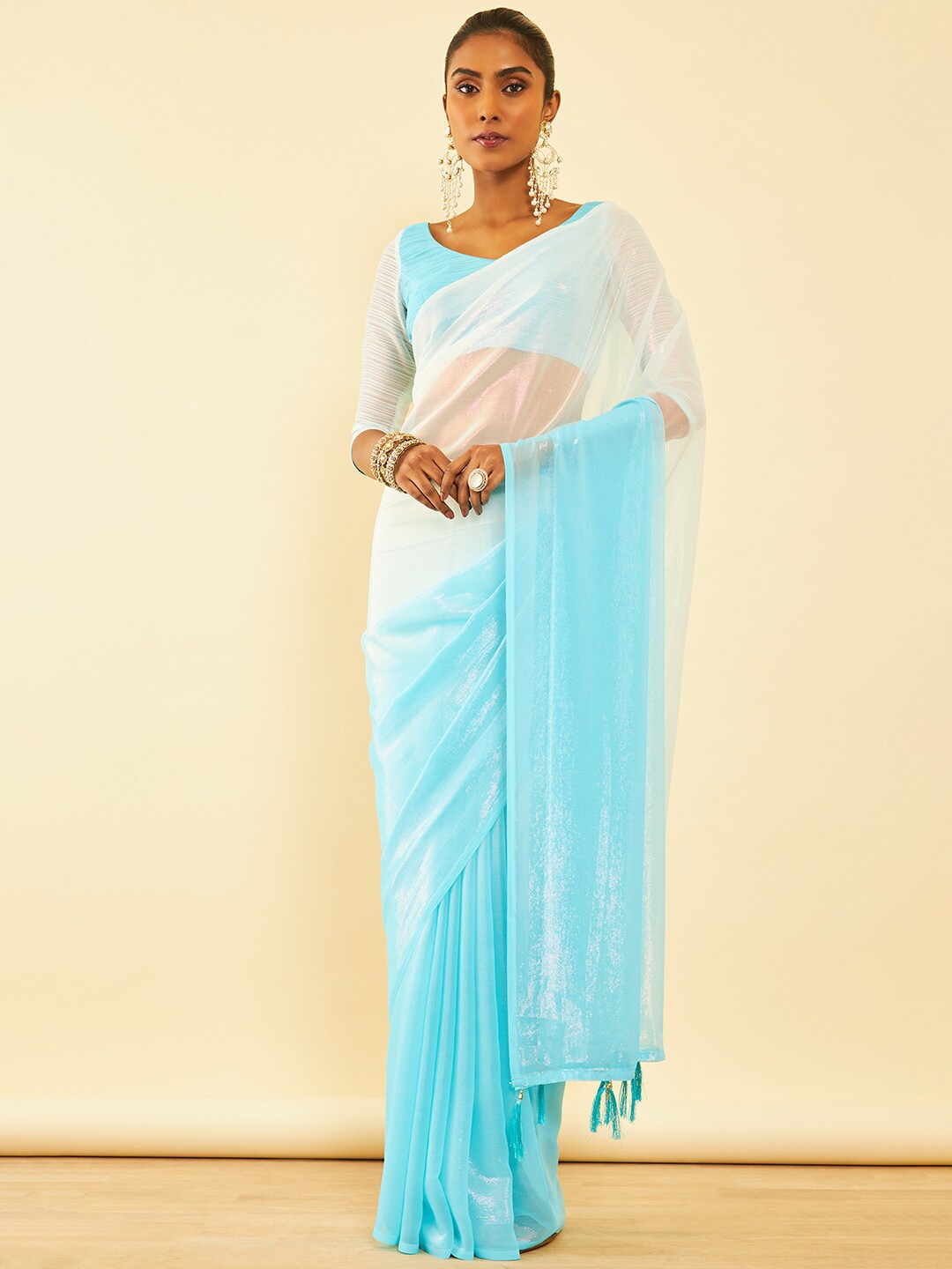 

Soch Blue Embellished Pure Chiffon Fusion Saree With Tassels