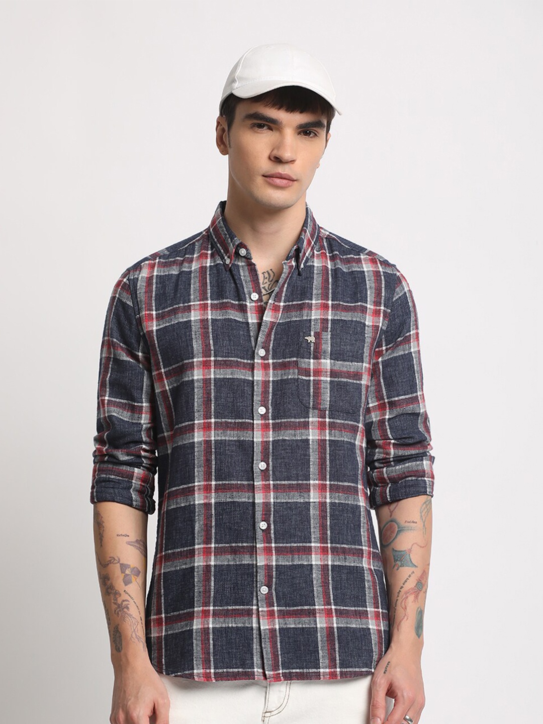 

THE BEAR HOUSE Men Tartan Checked Slim Fit Casual Shirt, Blue