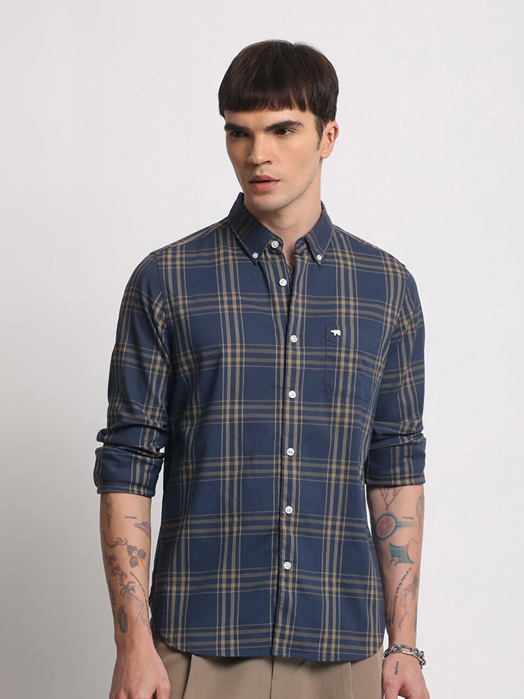 

THE BEAR HOUSE Slim Fit Tartan Checks Checked Cotton Casual Shirt, Blue