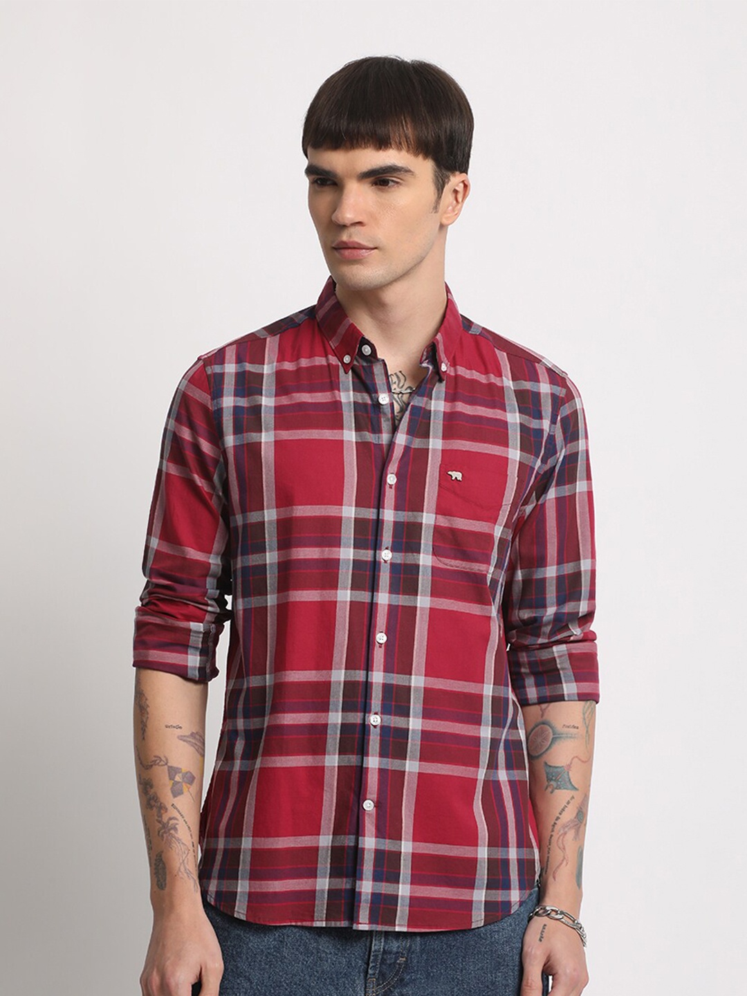 

THE BEAR HOUSE Men Tartan Checked Slim Fit Casual Shirt, Red