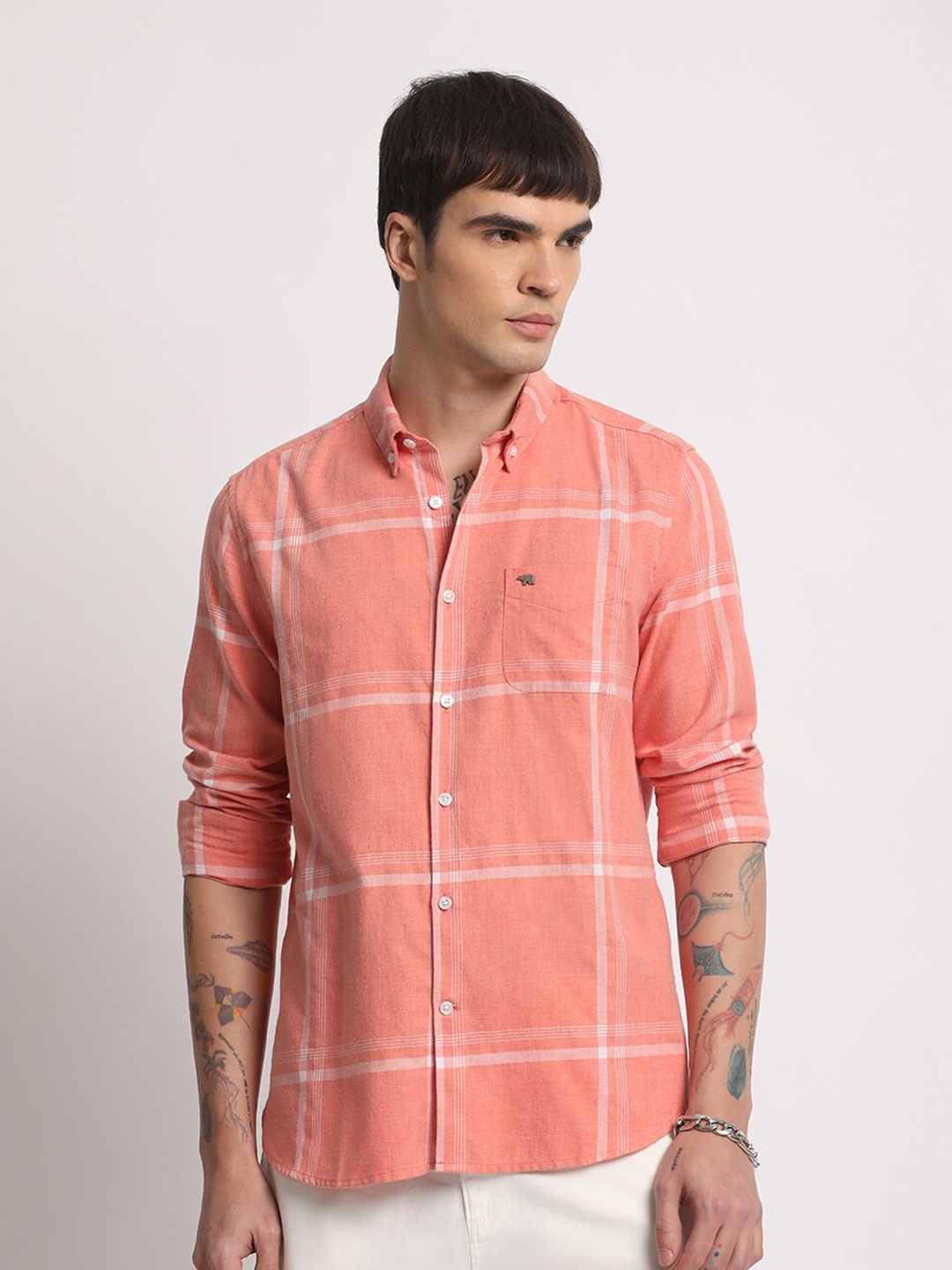 

THE BEAR HOUSE Slim Fit Tartan Checks Checked Cotton Casual Shirt, Orange