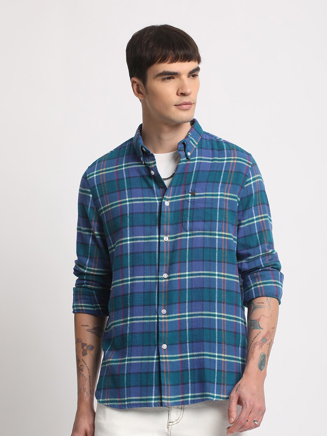 

THE BEAR HOUSE Men Tartan Checked Slim Fit Casual Shirt, Blue