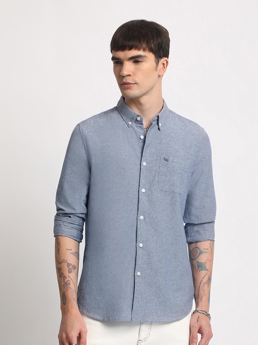 

THE BEAR HOUSE Slim Fit Cotton Casual Shirt, Blue