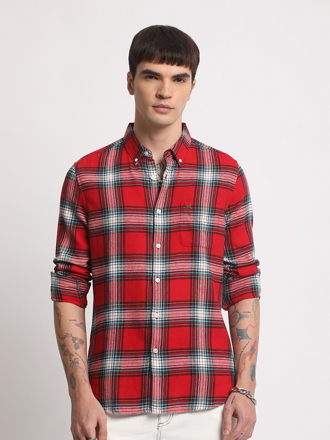 

THE BEAR HOUSE Slim Fit Tartan Checks Checked Casual Shirt, Red