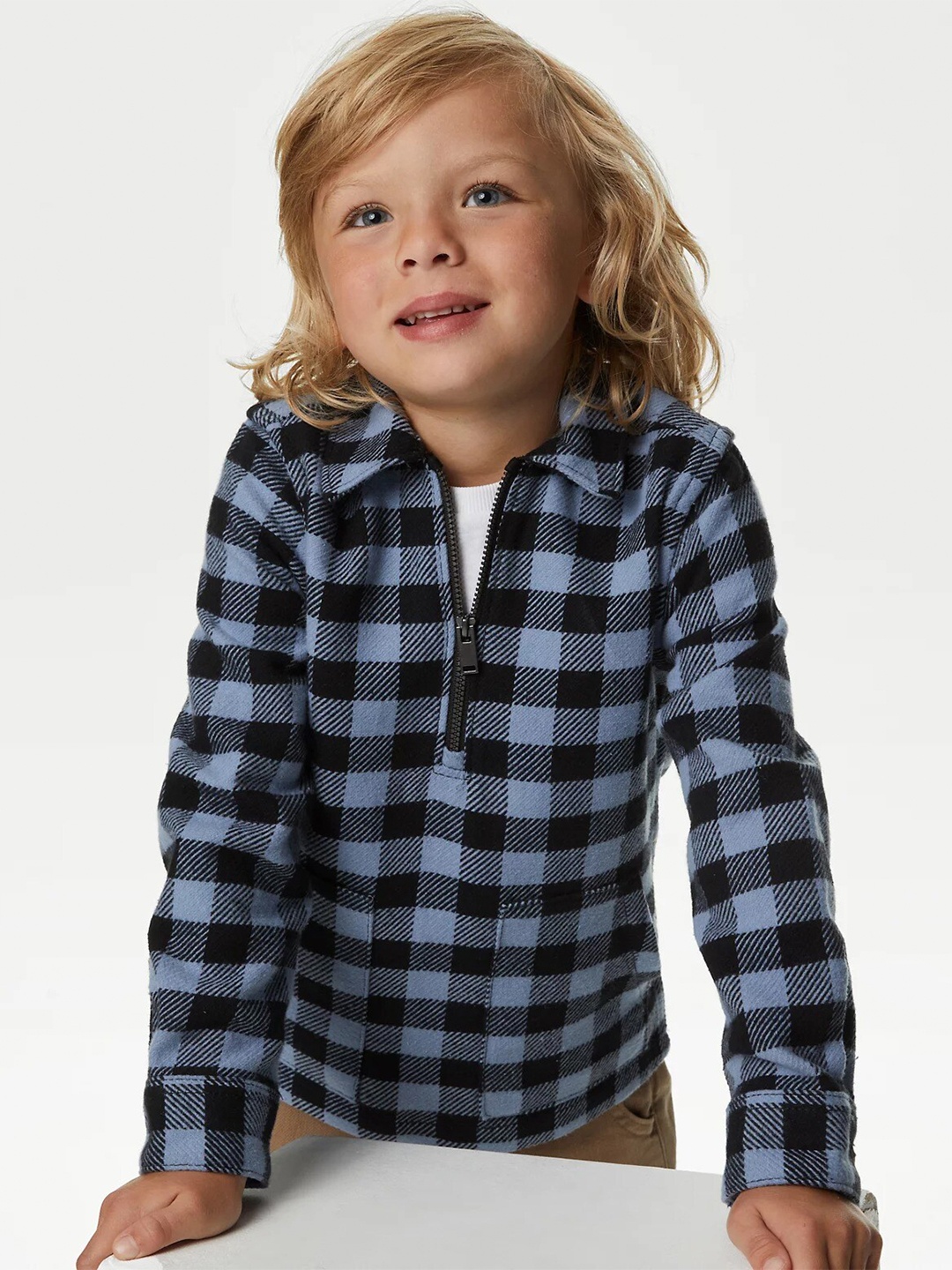 

Marks & Spencer Boys Checked Shirt Collar Half Zipper Pure Cotton Pullover Sweatshirt, Blue