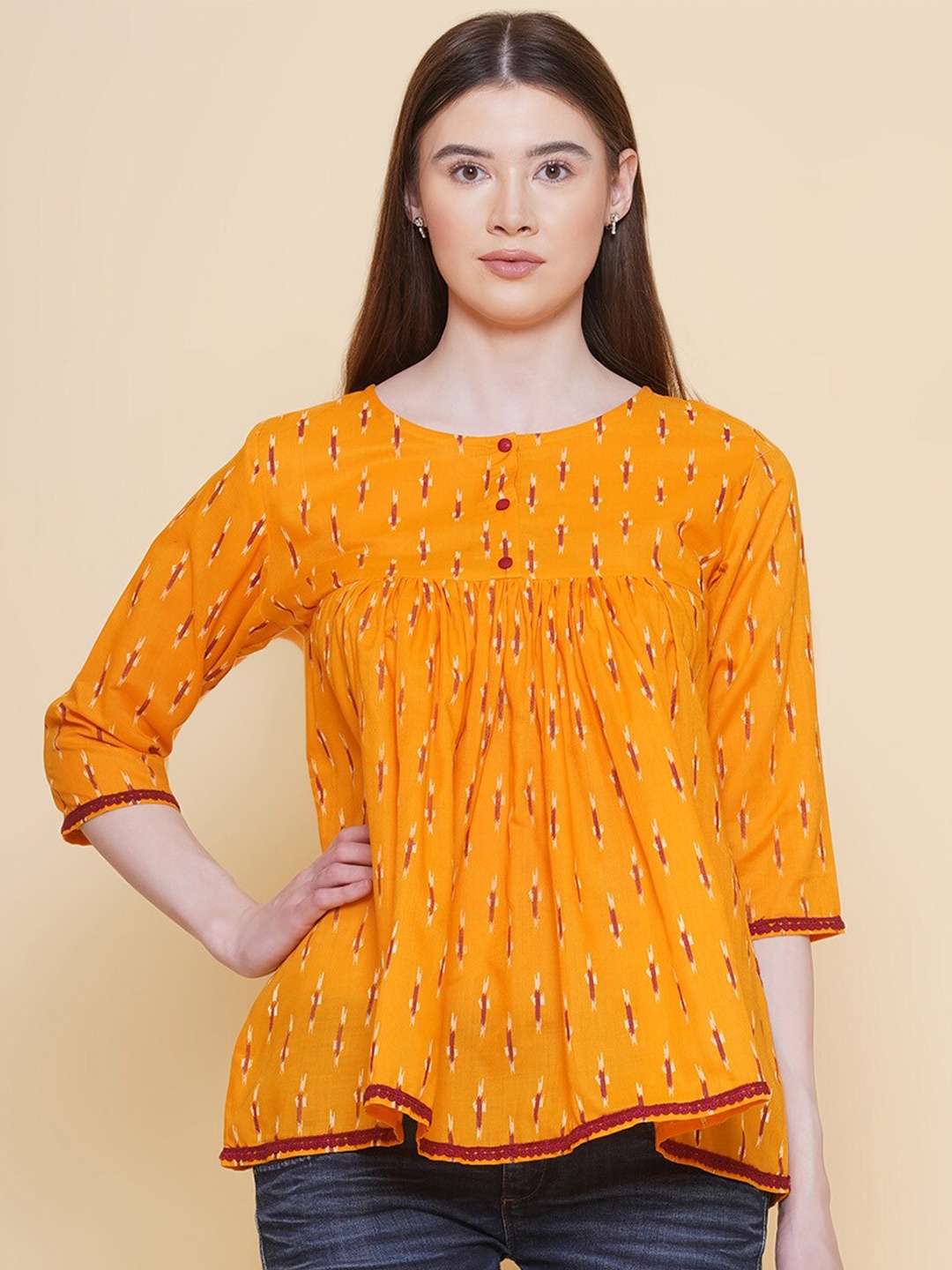 

Modish Couture Round Neck Self Design Printed Opaque Top, Mustard