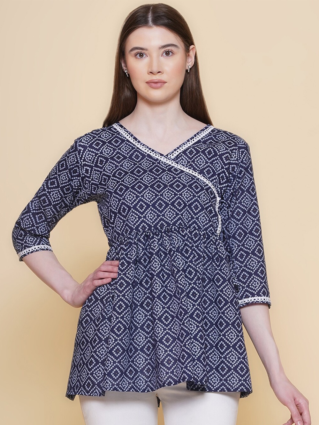 

Modish Couture Ethnic Motifs Print Indigo Cotton Top, Navy blue