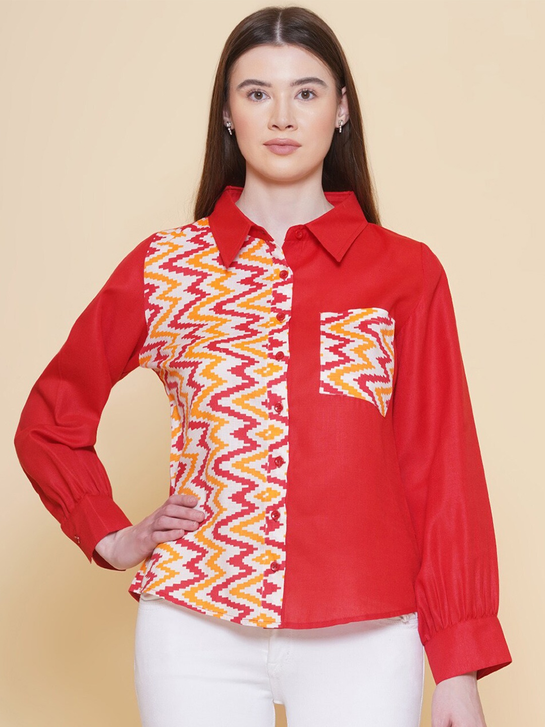 

Modish Couture Geometric Print Top, Red