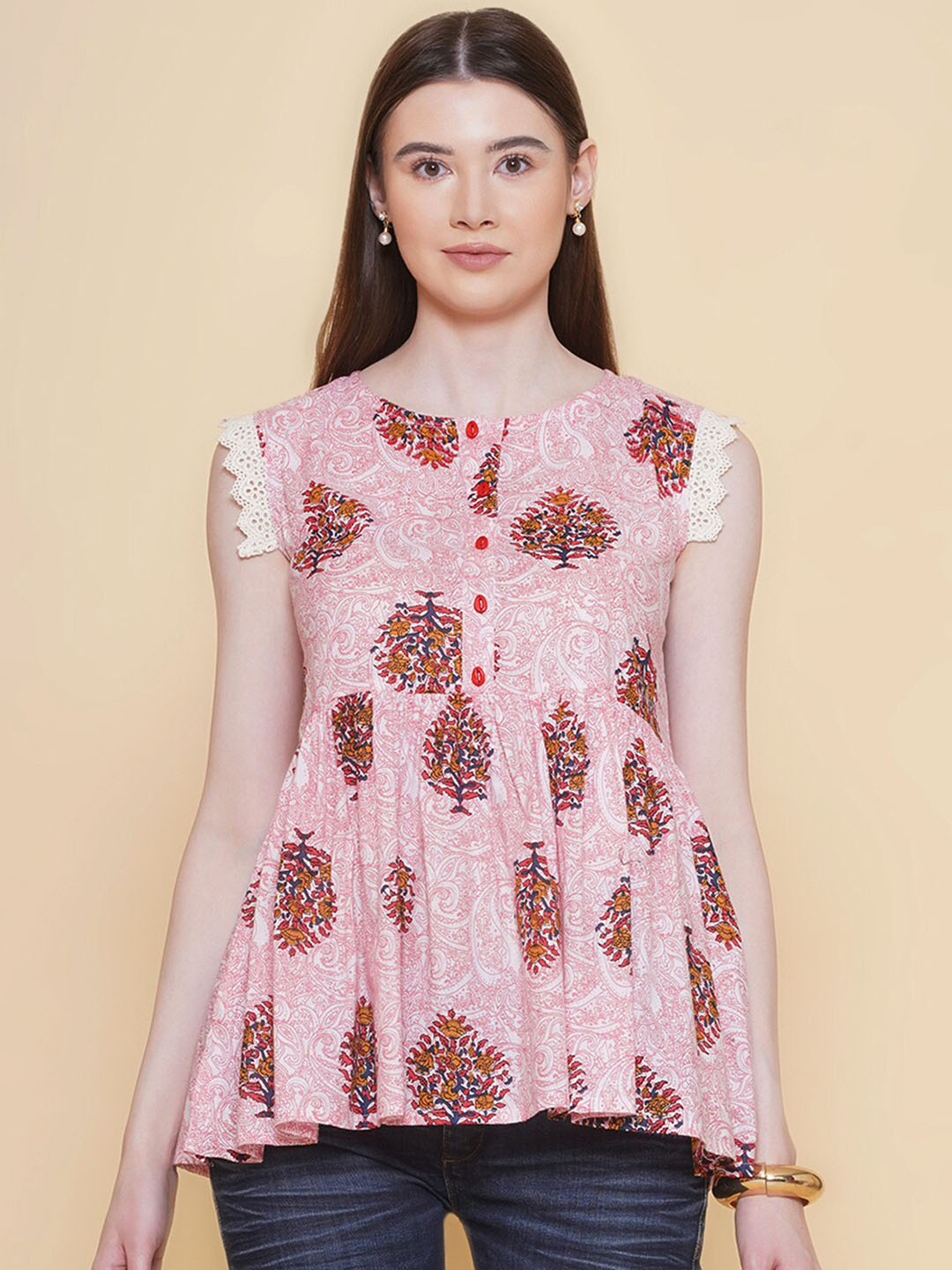 

Modish Couture Print Indigo Cotton Top, White