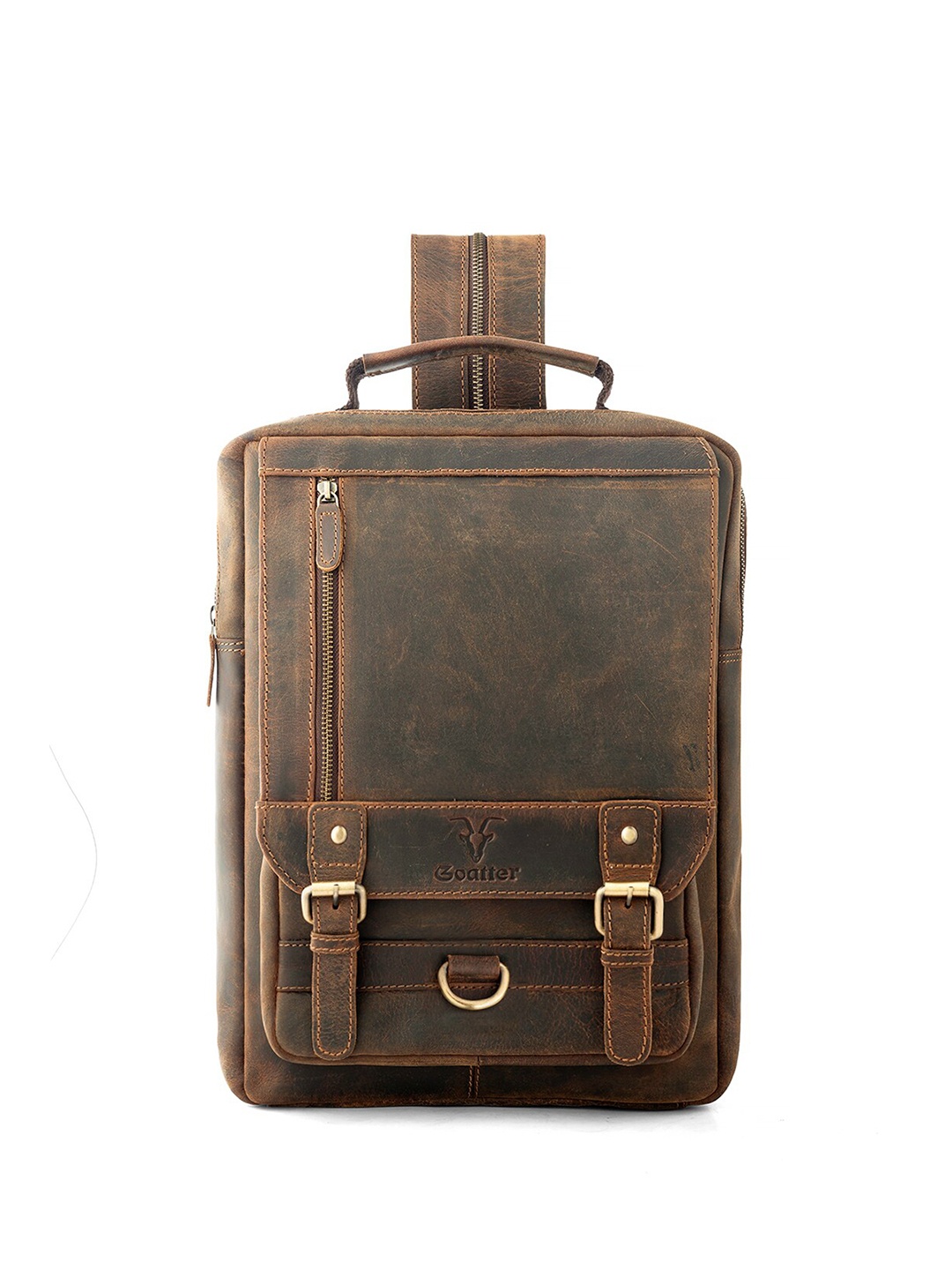 

Goatter Men Padded Crossbody Leather Backpack Up to 14 inch, Brown
