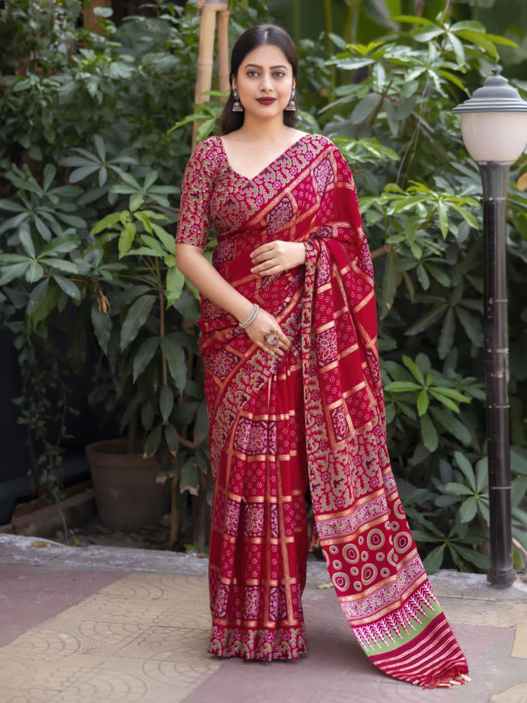 

Ekasya Pashmina Silk Designer Saree with Tassels, Red