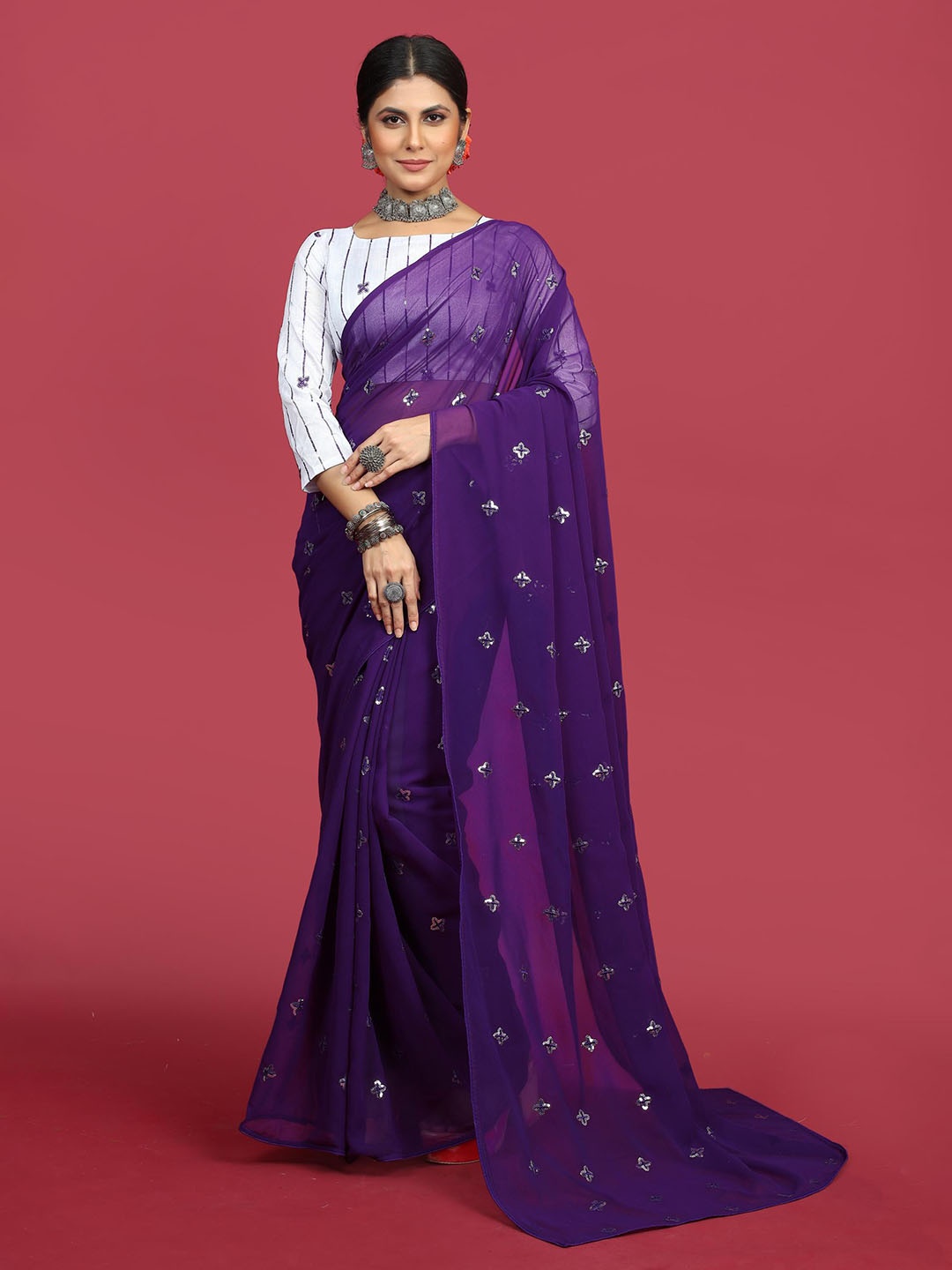 

Ekasya Embroidered Sequinned Poly Georgette Saree, Purple