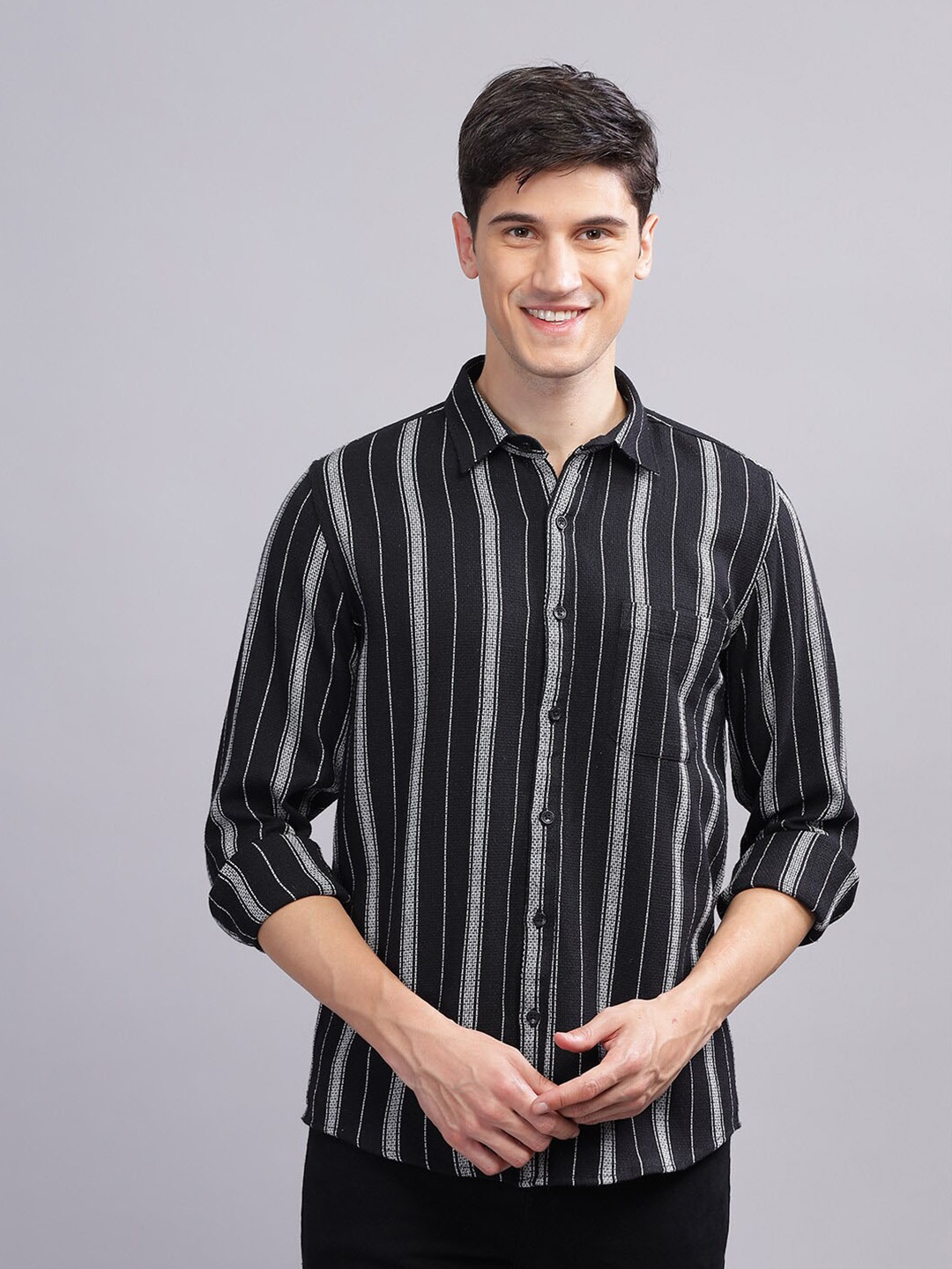 

PAUL STREET Striped Standard Slim Fit Cotton Opaque Casual Shirt, Black