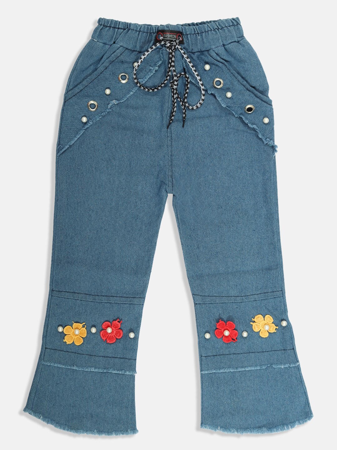 

MANZON Girls Mid-Rise Flared Floral Applique Cotton Clean Look Jeans, Blue