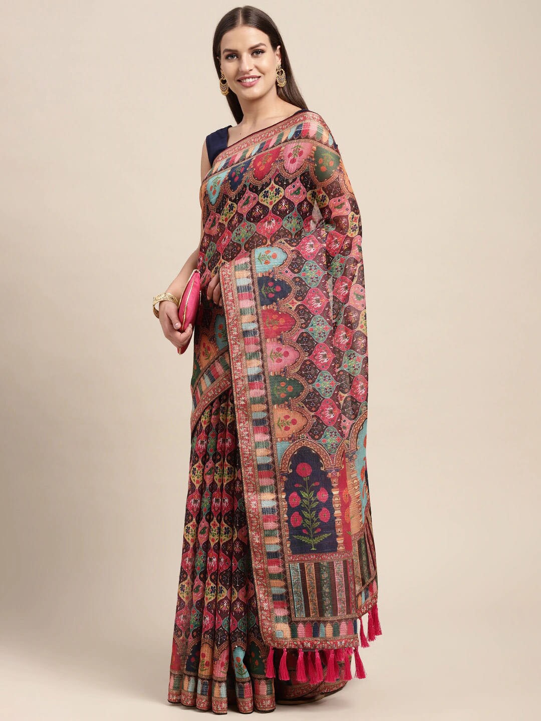 

PATLIPALLU Kalamkari Block Printed Saree, Blue