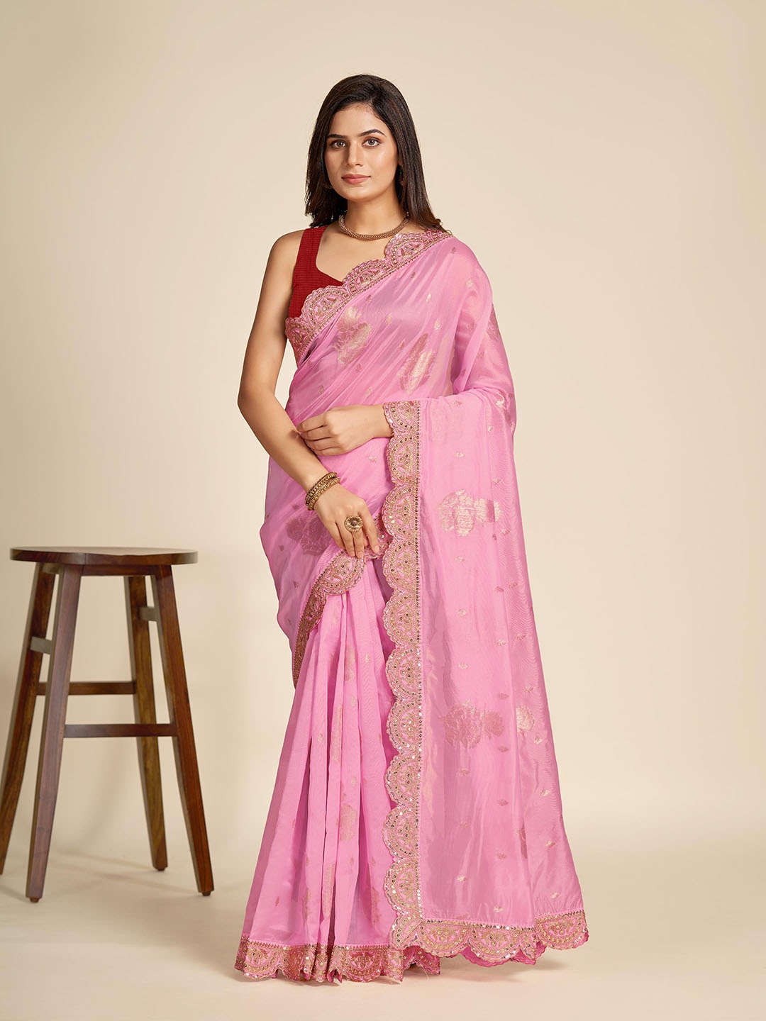 

Celeb Styles Ethnic Motifs Woven Design Sequinned Organza Saree, Pink