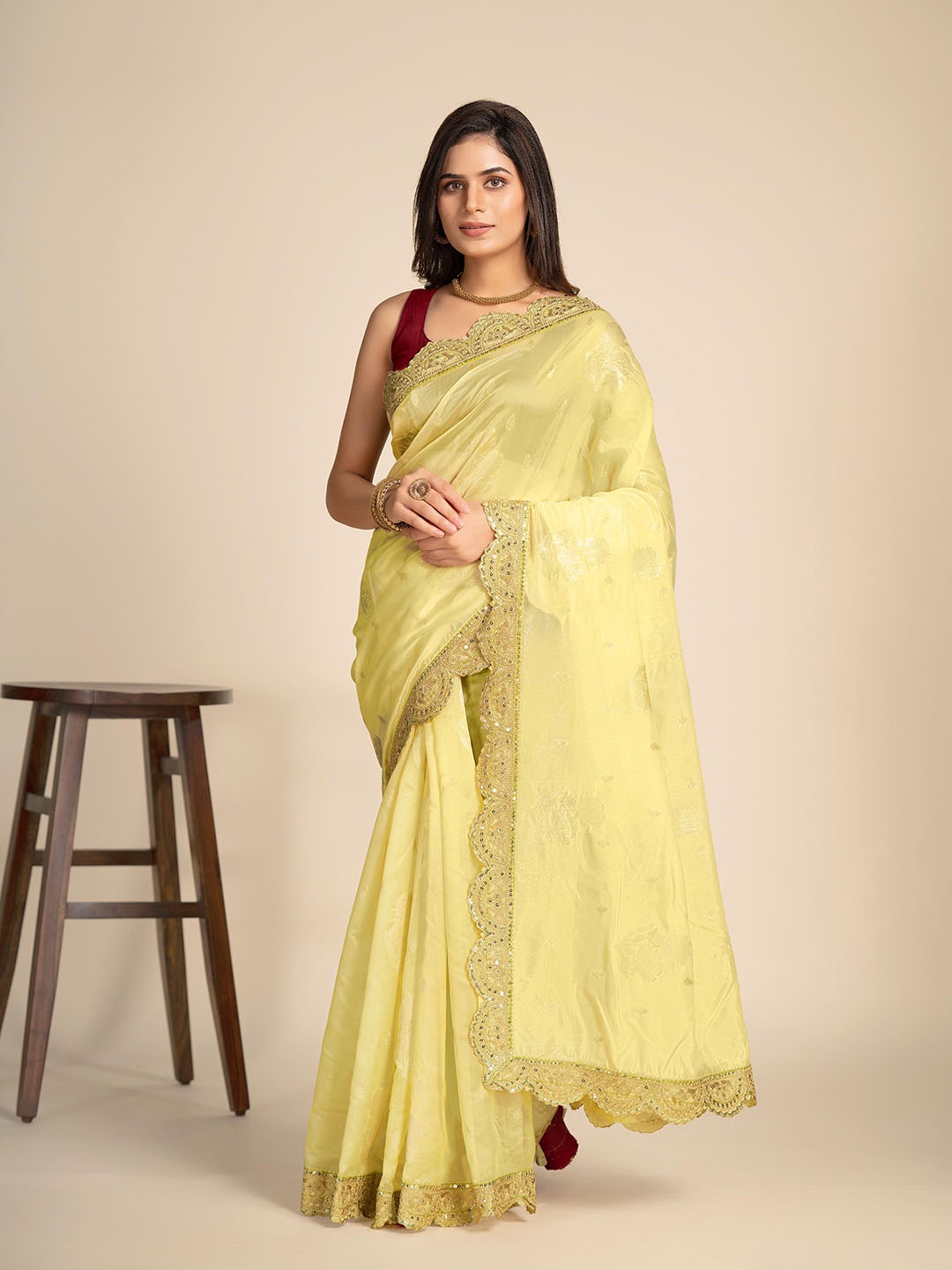 

Celeb Styles Ethnic Motifs Woven Design Sequinned Organza Saree, Yellow