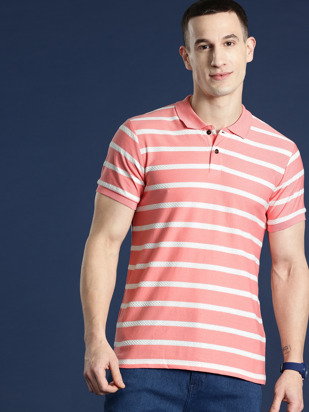 

Mast & Harbour Men Striped Polo Collar T-shirt, Coral
